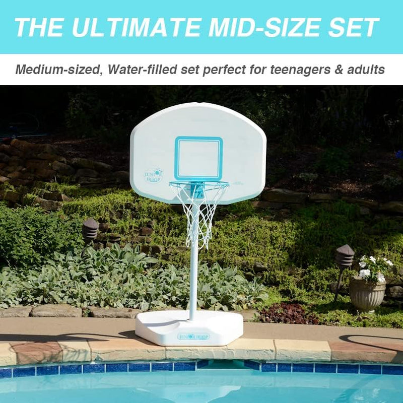 Dunn-Rite Junior Hoop Poolside Fillable Base Basketball Hoop W/Ball, Base, & 14 Inch Stainless Steel Rim, White