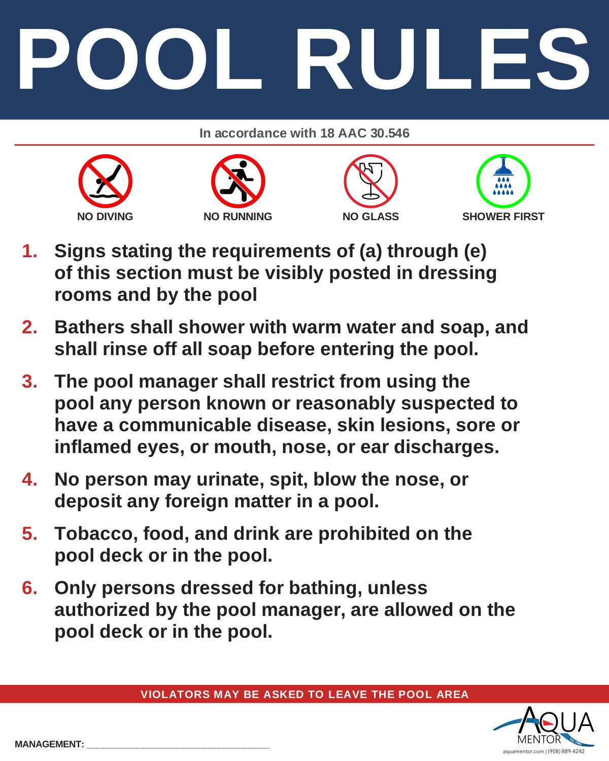 ALASKA Pool Rules Sign - 18 AAC 30.546 (Hygiene requirements / signage) + 18 AAC 30.515(f)-(h).