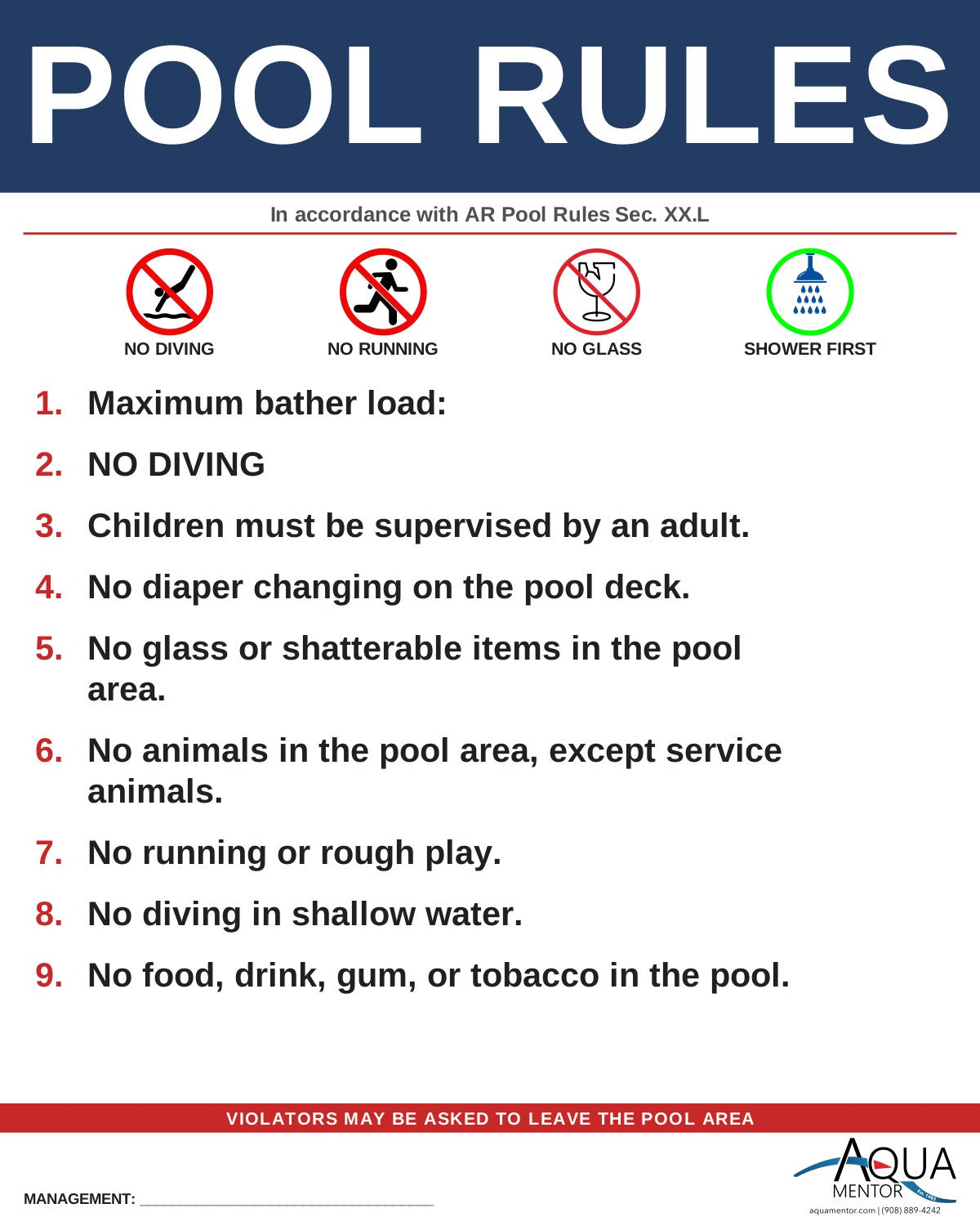 ARKANSAS Pool Rules Sign - Arkansas State Board of Health Rules, Section XX.L (Signs and Safety Markings).