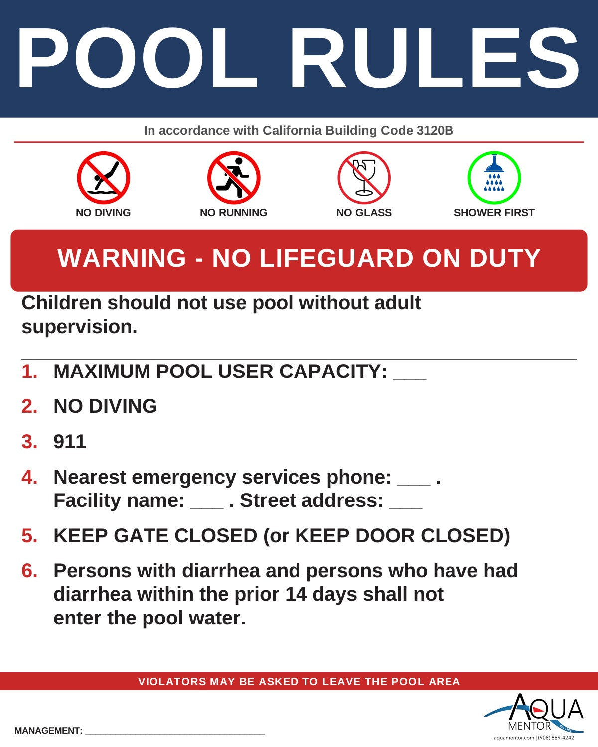CALIFORNIA Pool Rules Sign - California Building Code (Title 24 Part 2) Chapter 31B Public Pools, Section 3120B