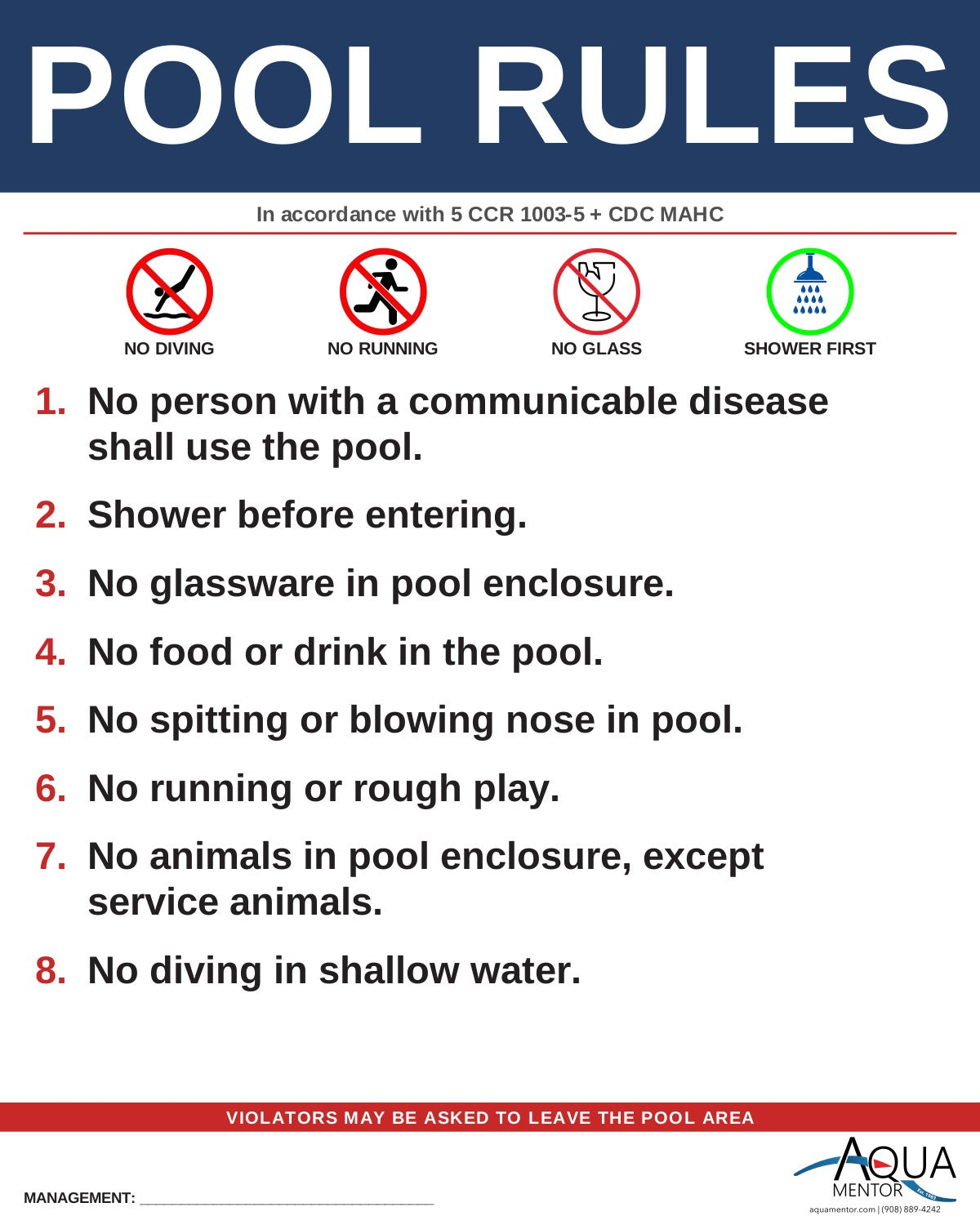 COLORADO Pool Rules Sign - 5 CCR 1003-5 (Swimming Pools and Mineral Baths)