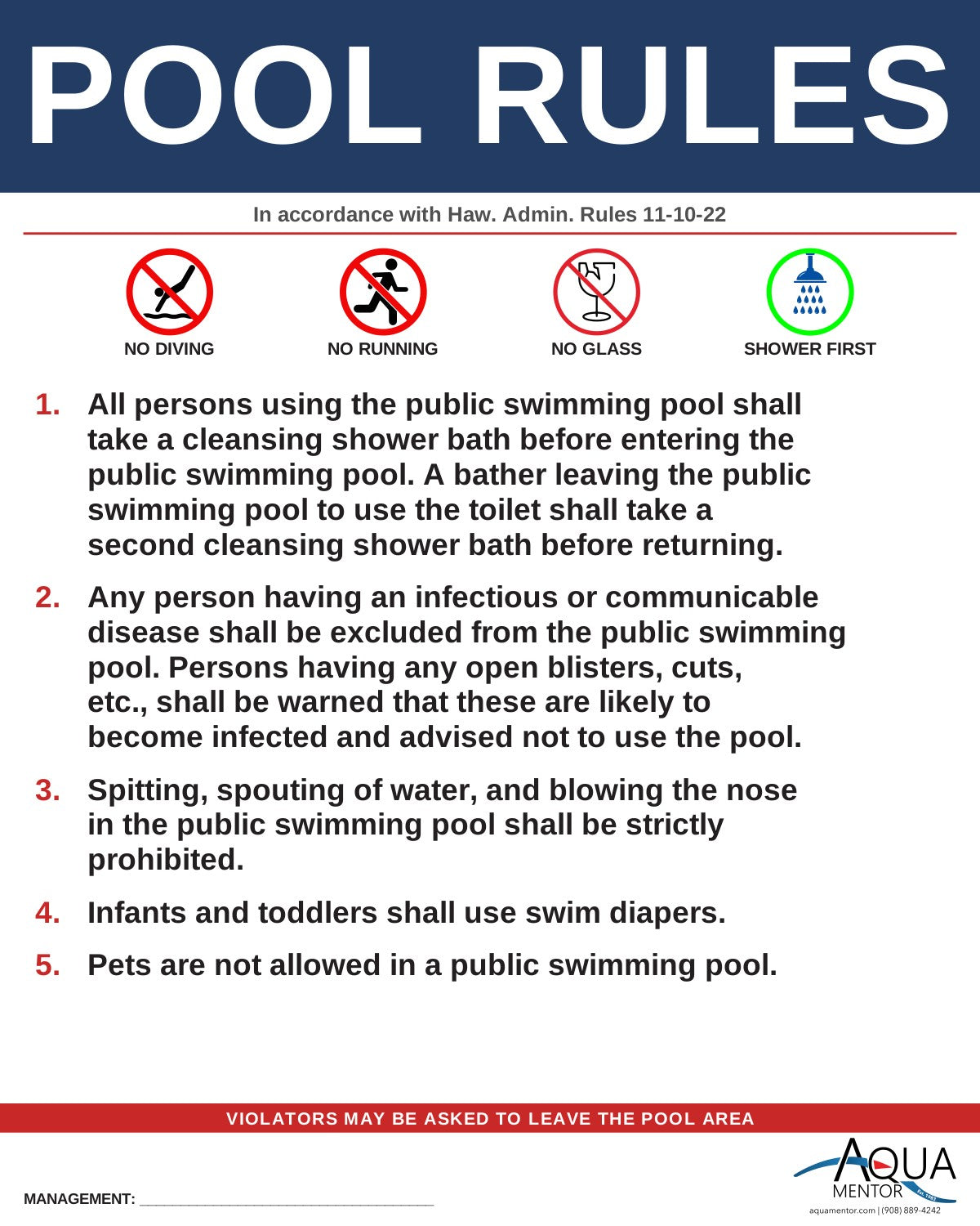 HAWAII Pool Rules Sign - Haw. Admin. Rules 11-10-22 (Public Swimming Pools)