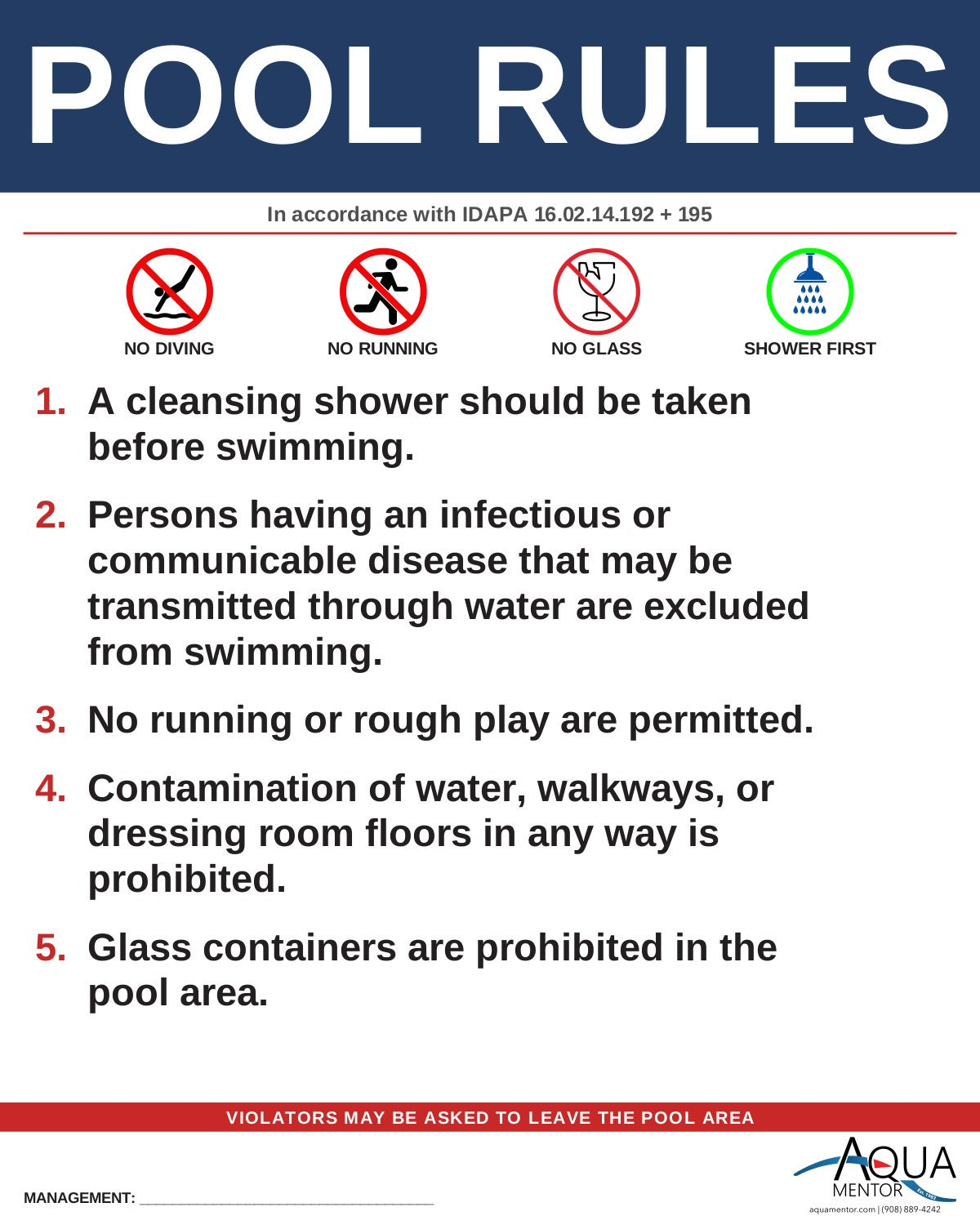 IDAHO Pool Rules Sign - IDAPA 16.02.14.192 (Lifeguard) + 16.02.14.195 (Safety and Sanitation)