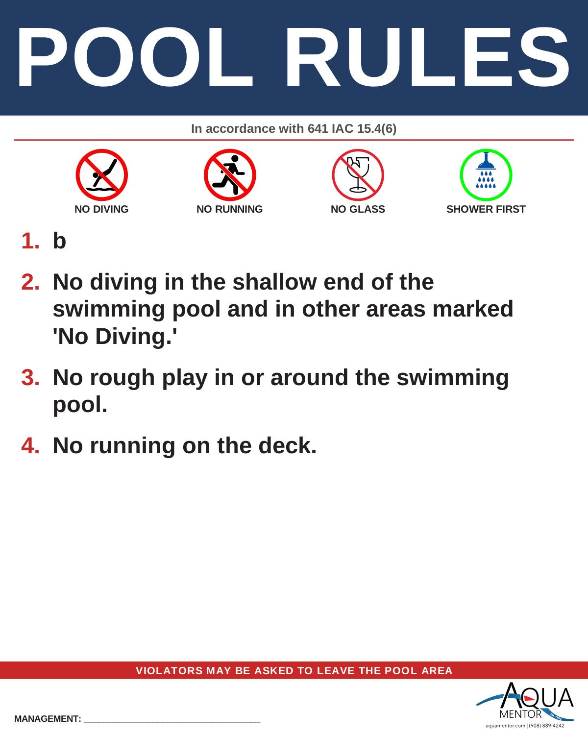 IOWA Pool Rules Sign - Iowa Admin. Code r. 641-15.4(6)