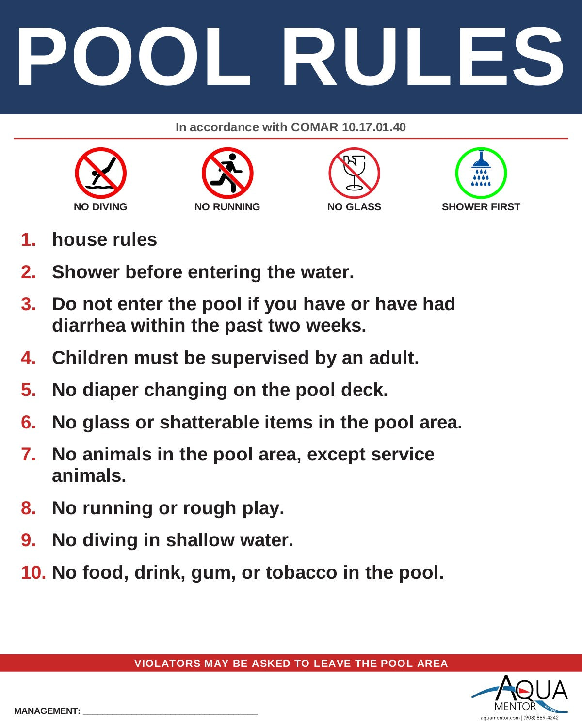 MARYLAND Pool Rules Sign - COMAR 10.17.01.40 Public Pool and Spa Safety
