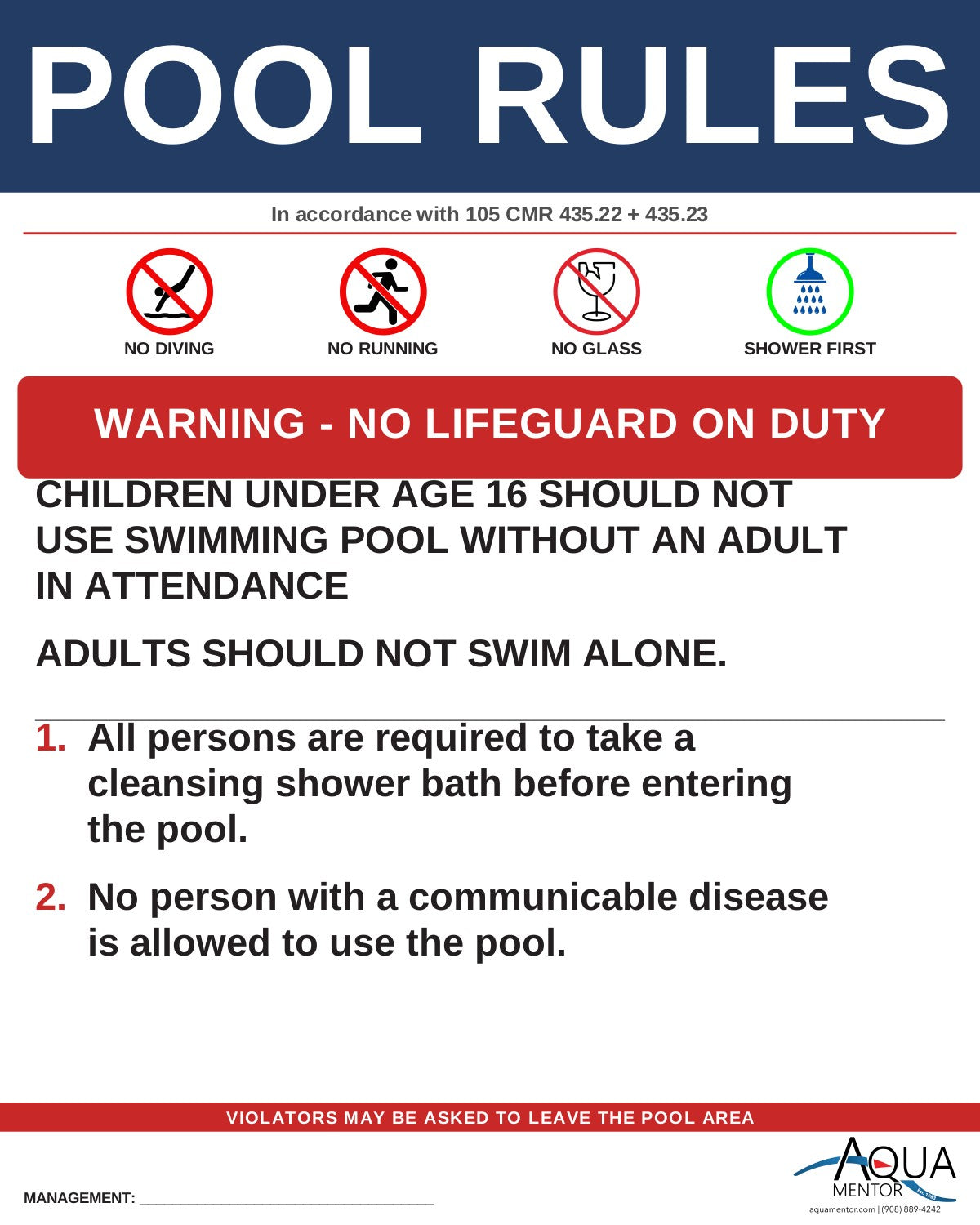 MASSACHUSETTS Pool Rules Sign - 105 CMR 435.000 Sanitary Standards for Swimming Pools