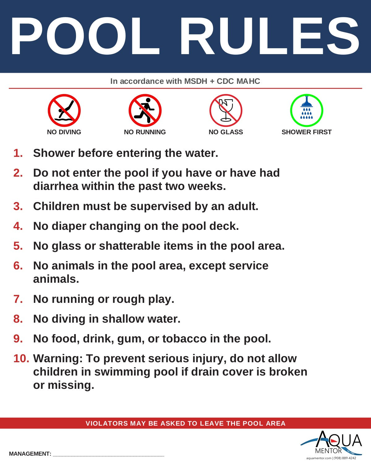 MISSISSIPPI Pool Rules Sign - MSDH (no state pool regulation; CDC MAHC baseline)