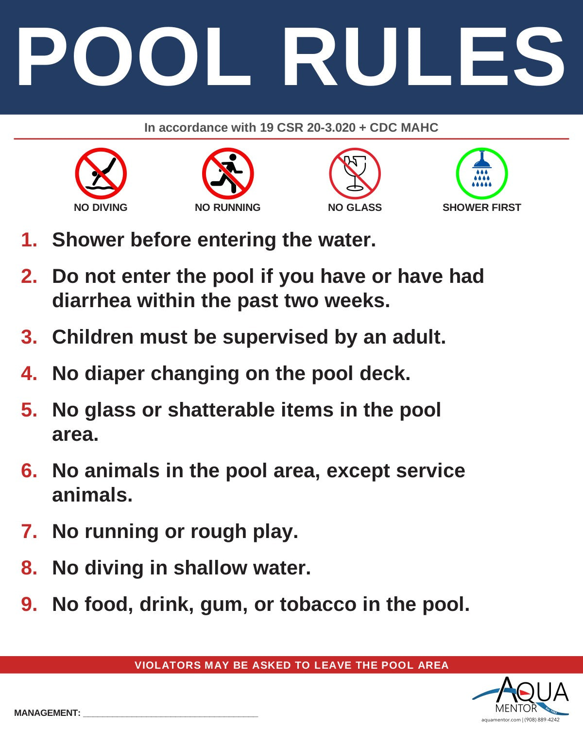 MISSOURI Pool Rules Sign - 19 CSR 20-3.020