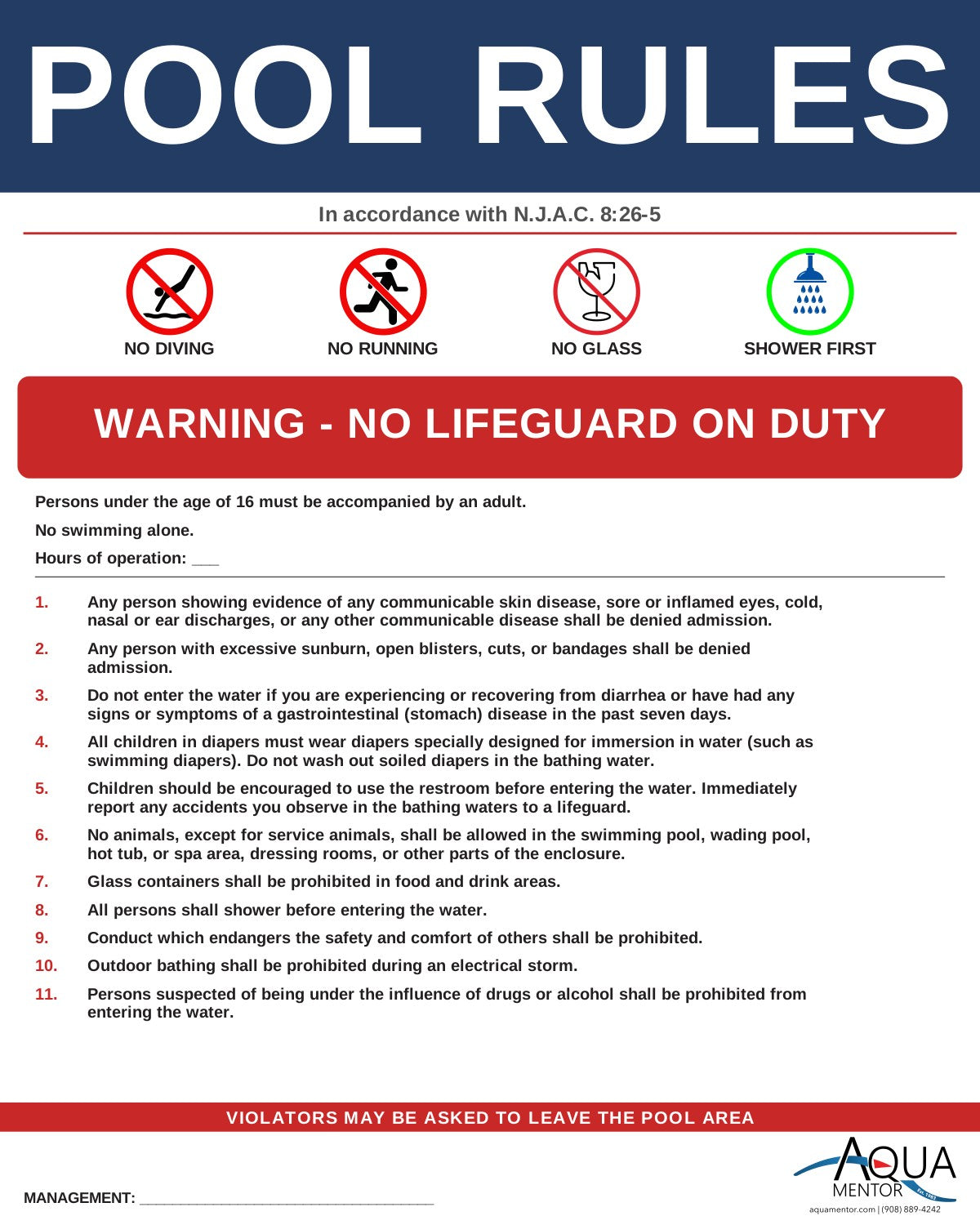 NEW JERSEY Pool Rules Sign - N.J.A.C. 8:26 Public Recreational Bathing