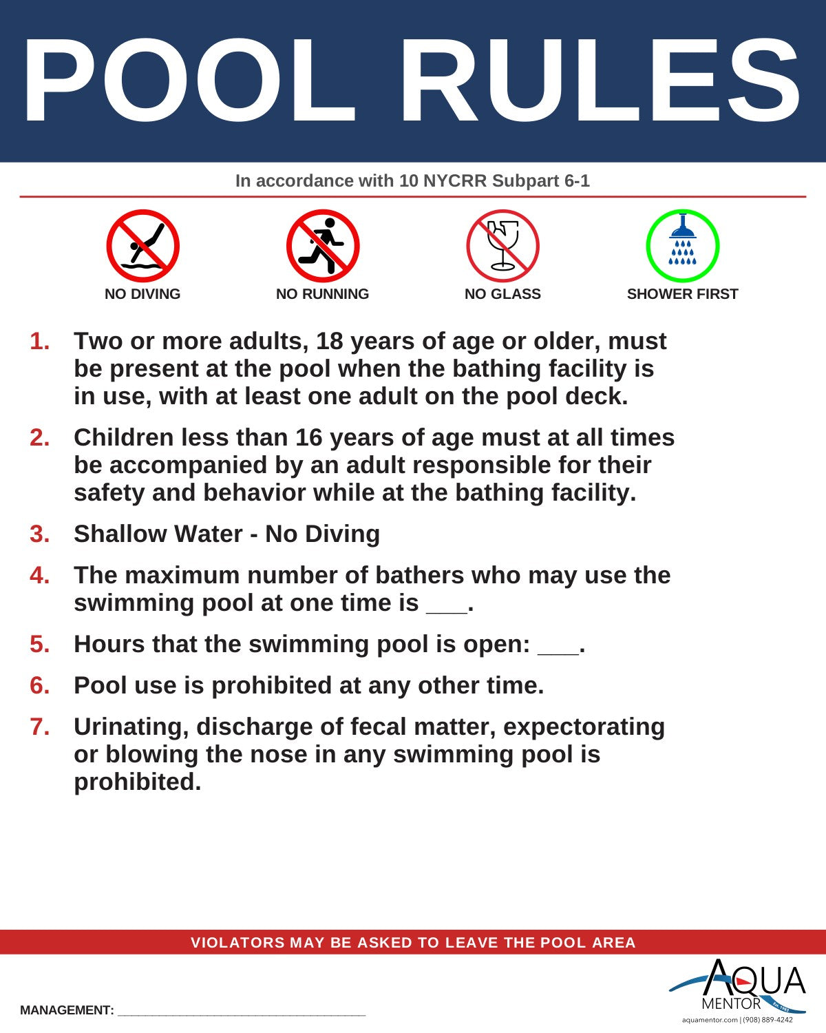 NEW YORK Pool Rules Sign - 10 NYCRR Subpart 6-1 Swimming Pools