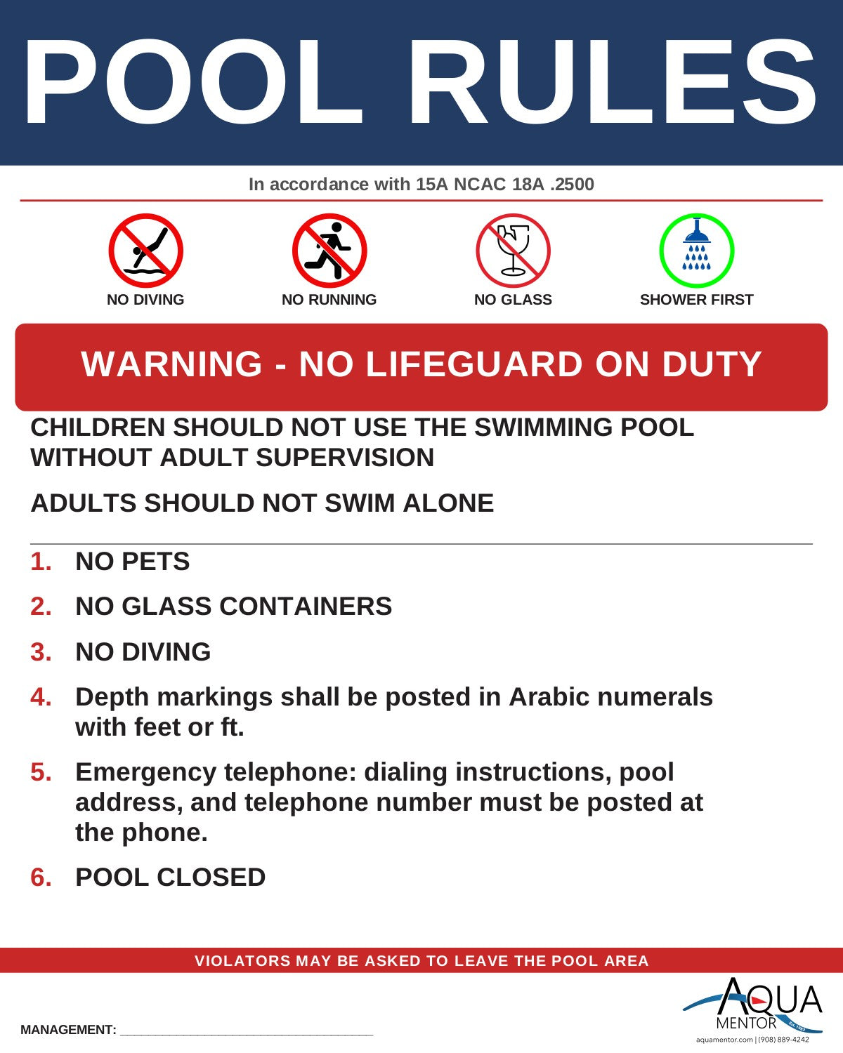 NORTH CAROLINA Pool Rules Sign - 15A NCAC 18A .2500 (Public Swimming Pools)