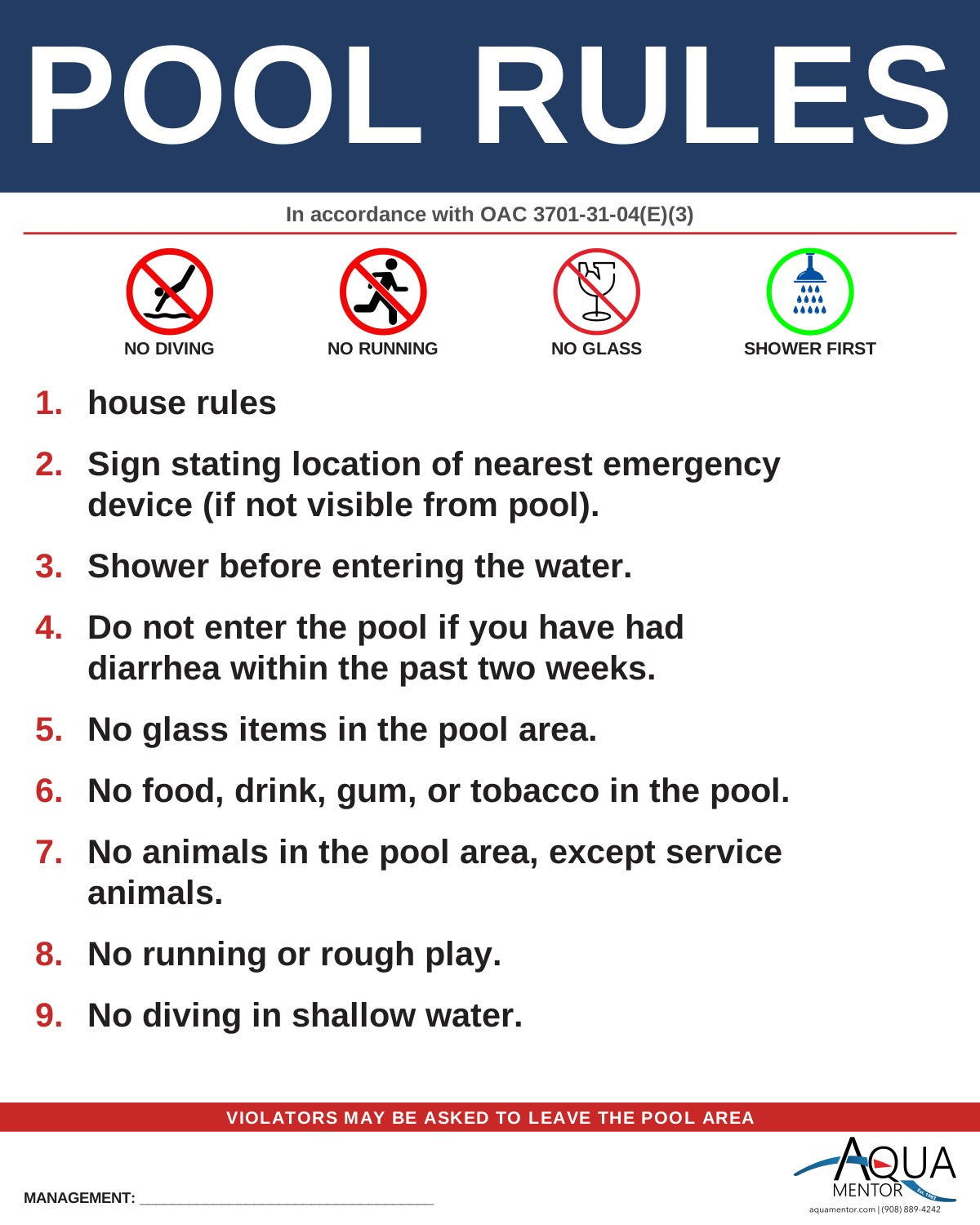 OHIO Pool Rules Sign - Ohio Admin. Code 3701-31-04(E)(3) Signs