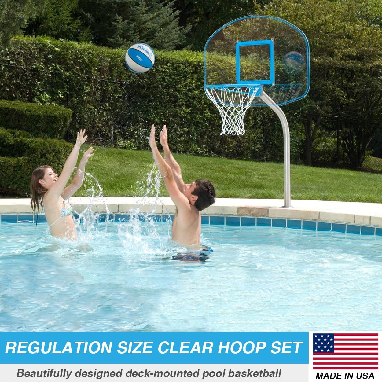 Premium Regulation Clear Hoop Deck-Mounted Pool Basketball Set, Stainless Steel Post, Clear Thick Acrylic Backboard and Stainless Steel Rim and Basketball with Mounting Anchor