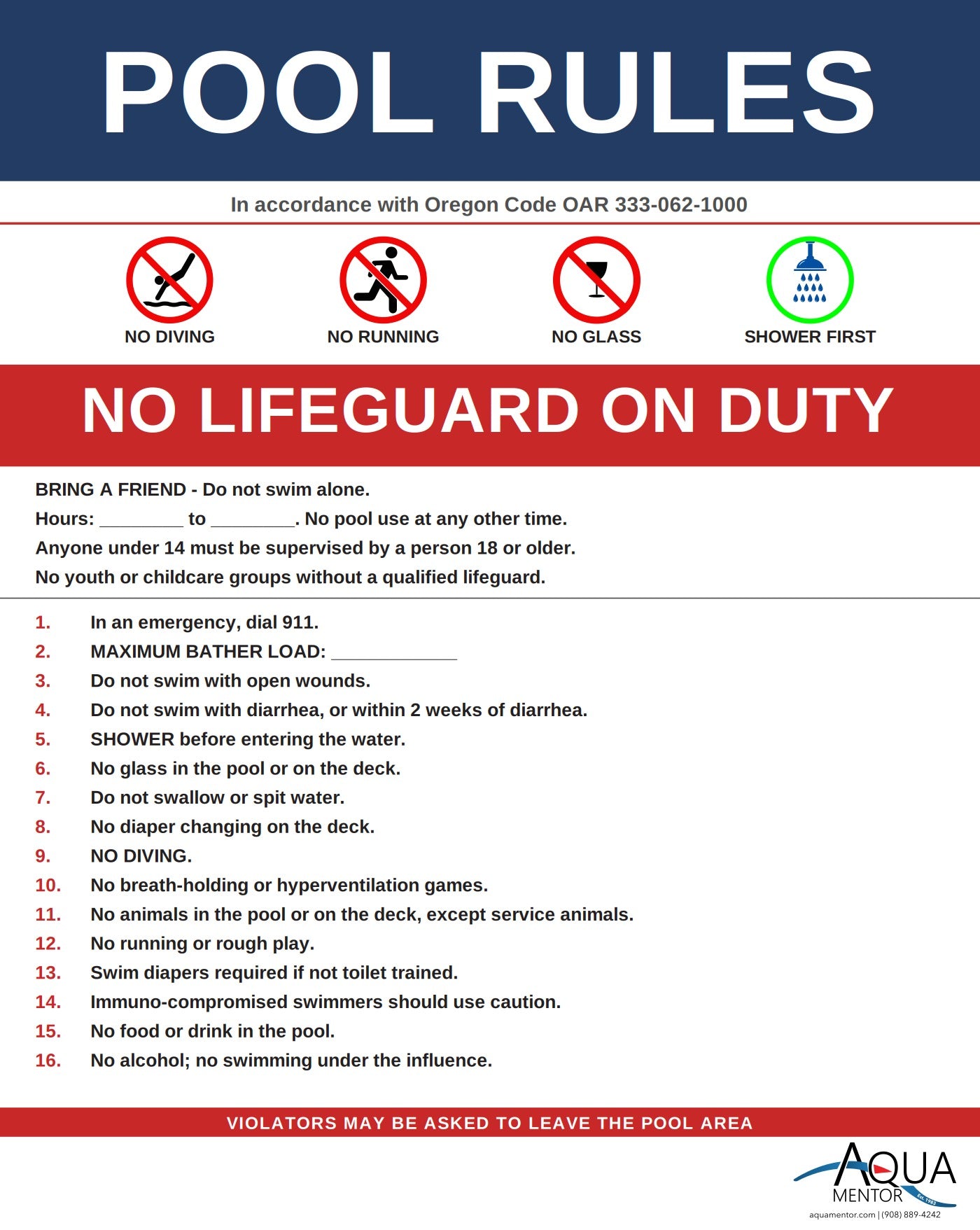Oregon Pool Rules Sign