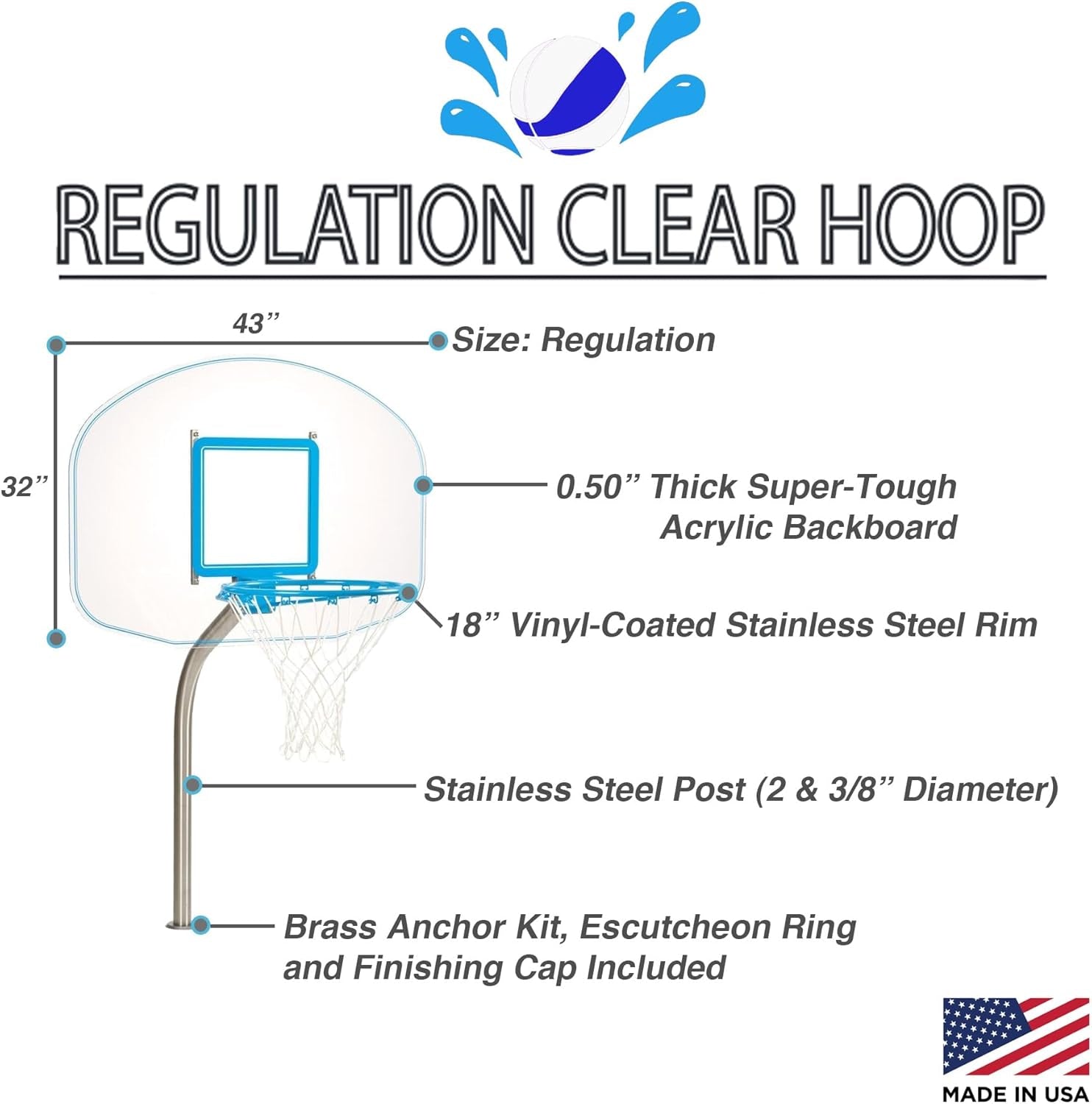 Premium Regulation Clear Hoop Deck-Mounted Pool Basketball Set, Stainless Steel Post, Clear Thick Acrylic Backboard and Stainless Steel Rim and Basketball with Mounting Anchor