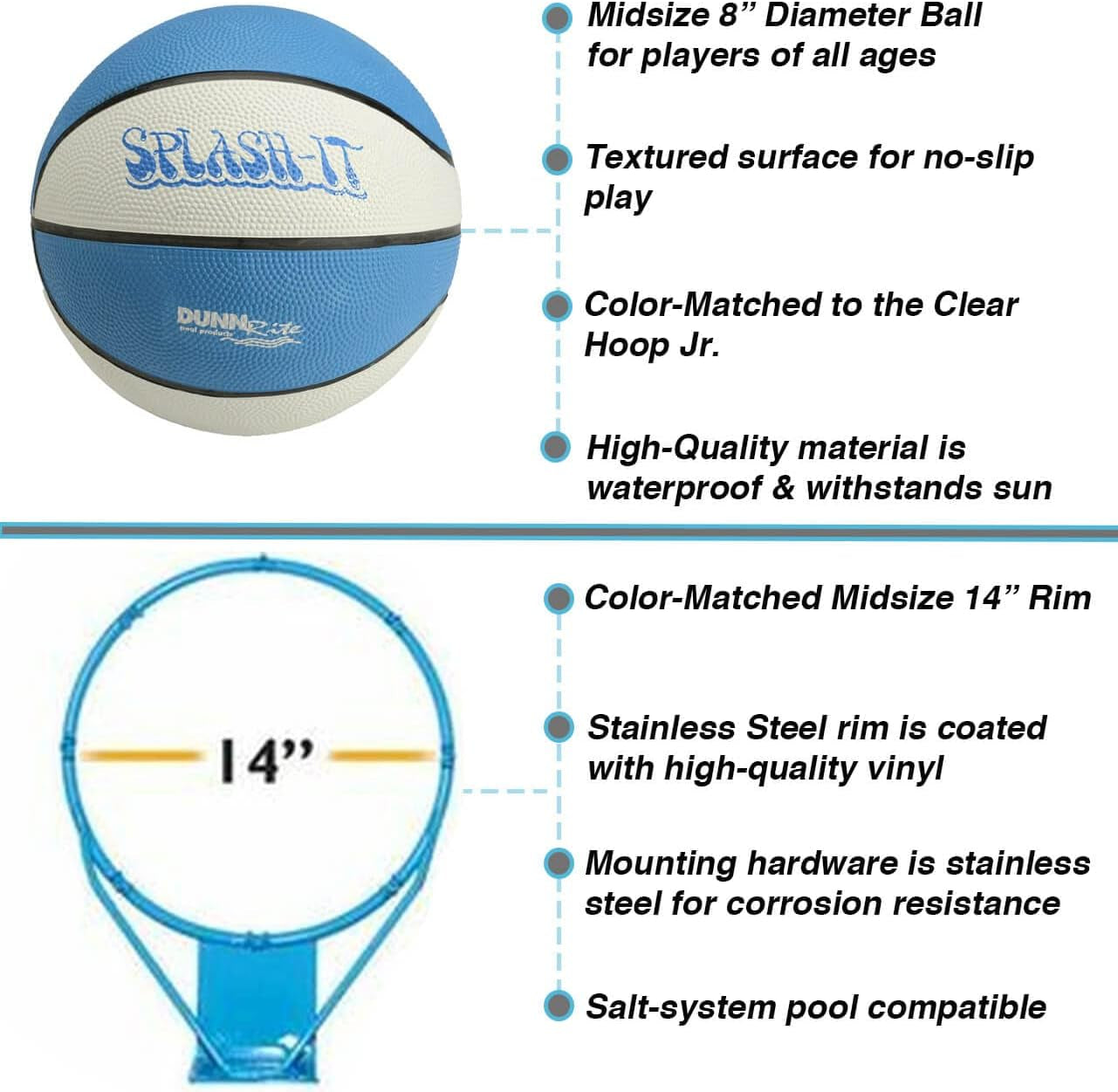 Dunn-Rite Clear Hoop Jr. 1.90 Poolside Deck-Mounted Basketball Hoop W/Ball & 14 Inch Stainless Steel Rim