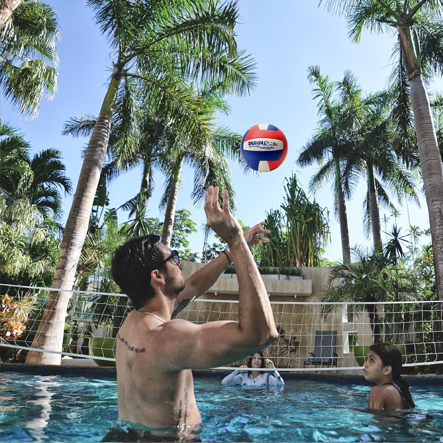 Watervolly Adjustable Pool Volleyball Net, Includes Two 110Lb Water-Filled Bases and Red White & Blue Volleyball, Choose White or Stainless Steel