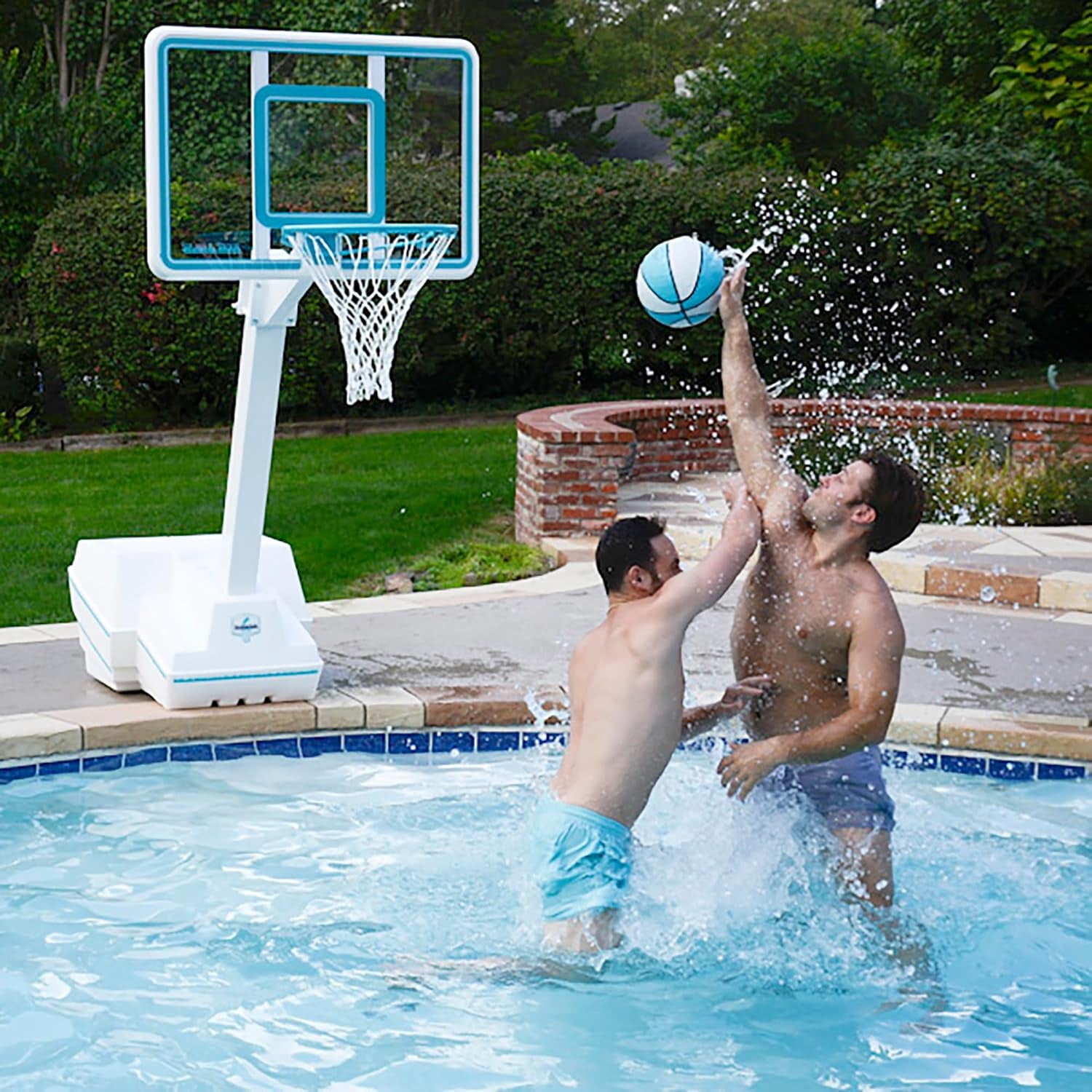 Dunn-Rite Splash and Slam Clear Poolside Fillable Base Basketball Hoop W/Ball, Adjustable Height 18 Inch Stainless Steel Rim, Water-Filled to 500Lbs, State-Of-The-Art Clear Backboard