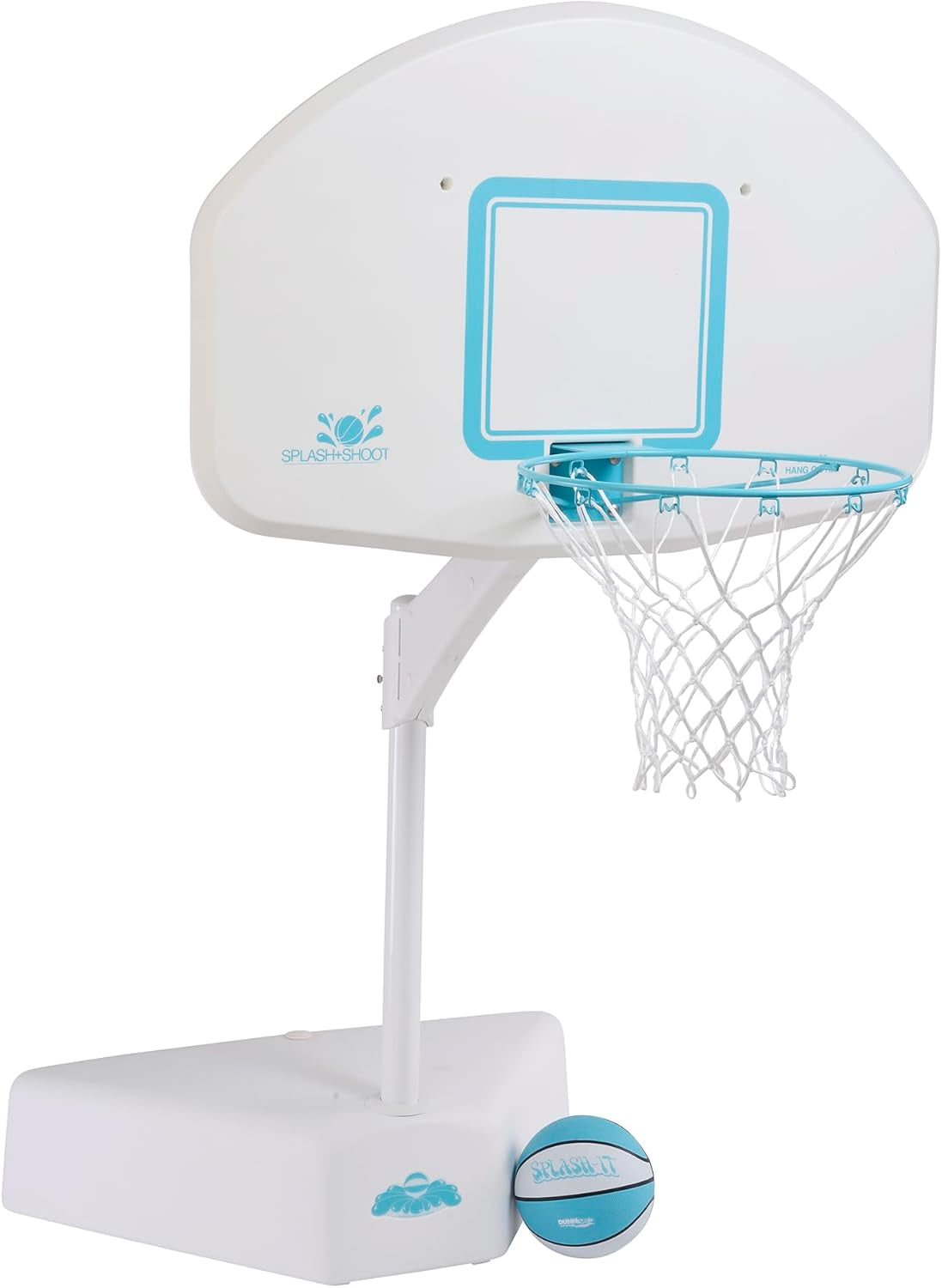 Dunn-Rite Splash & Shoot Outdoor Adjustable Height Swimming Pool Basketball Hoop W/Ball, Base, & 18 Inch Stainless Steel Rim for Adults & Kids, White
