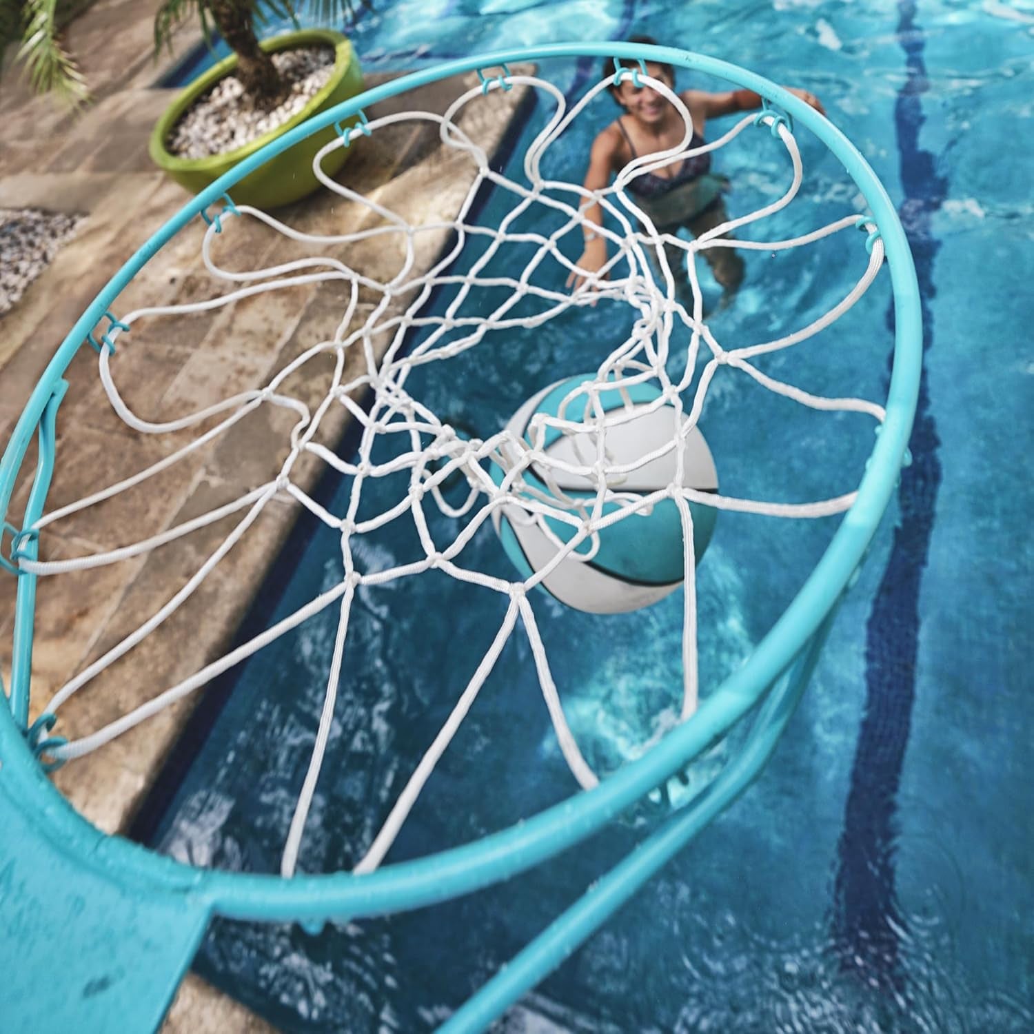 Dunn-Rite Splash & Shoot Outdoor Adjustable Height Swimming Pool Basketball Hoop W/Ball, Base, & 18 Inch Stainless Steel Rim for Adults & Kids, White