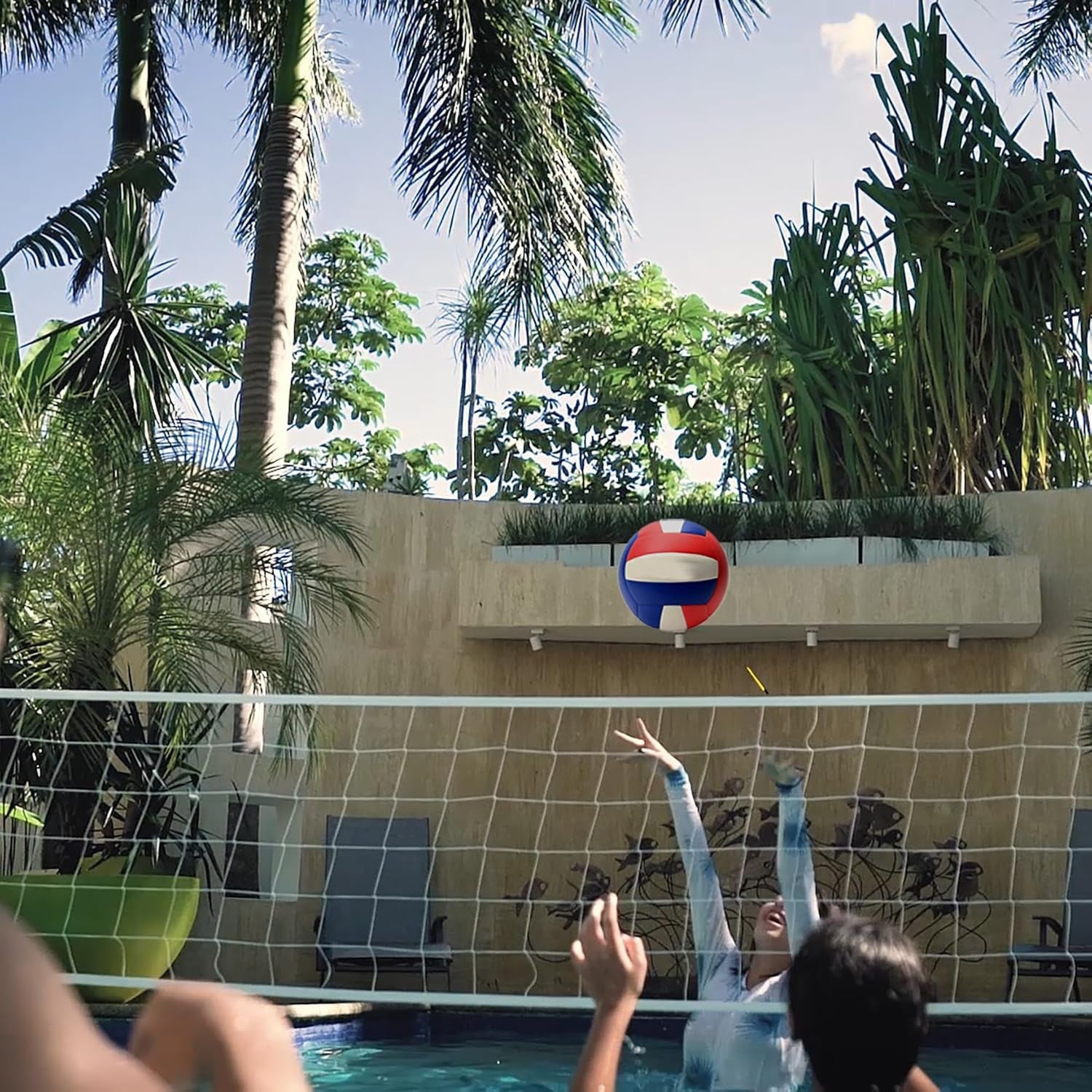 Watervolly Adjustable Pool Volleyball Net, Includes Two 110Lb Water-Filled Bases and Red White & Blue Volleyball, Choose White or Stainless Steel
