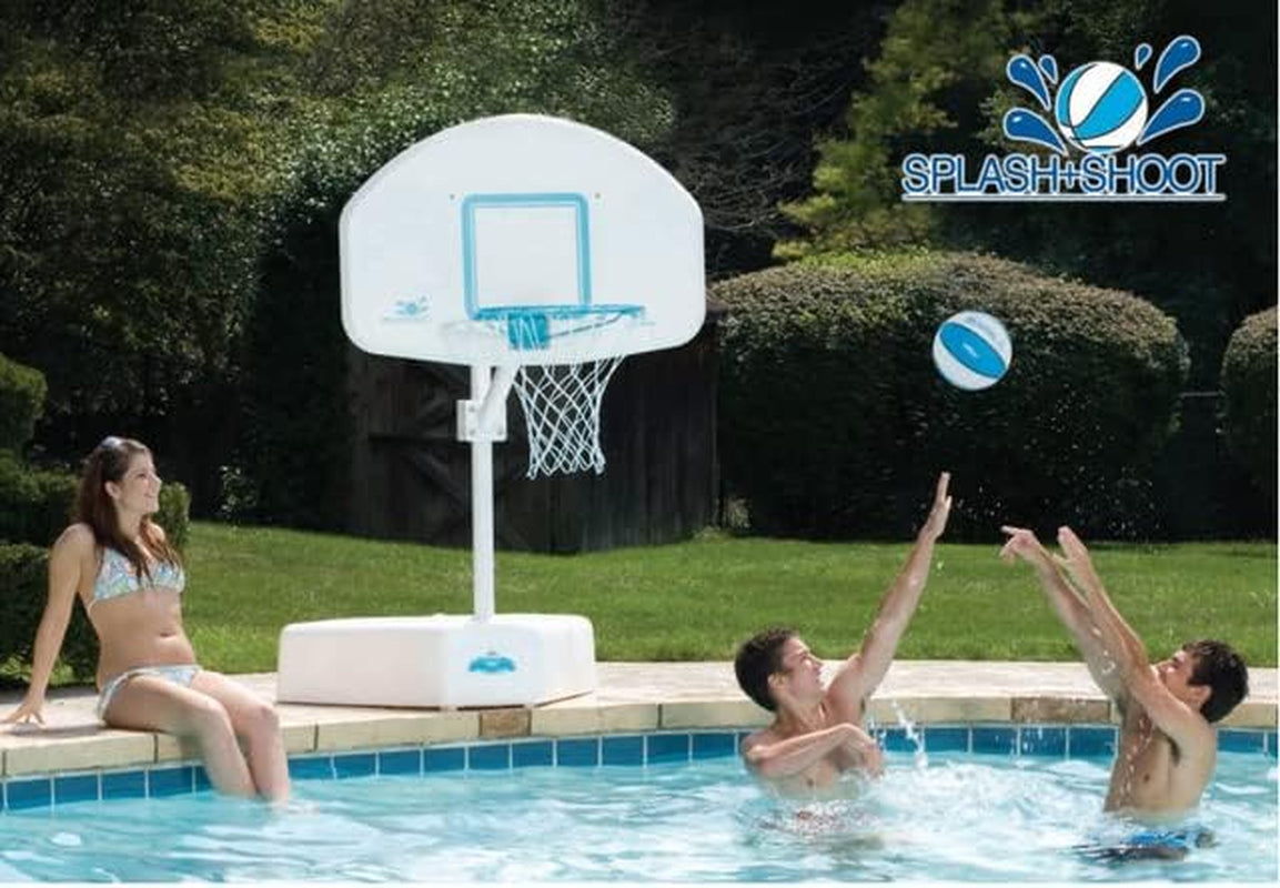 Dunn-Rite Splash & Shoot Outdoor Adjustable Height Swimming Pool Basketball Hoop W/Ball, Base, & 18 Inch Stainless Steel Rim for Adults & Kids, White