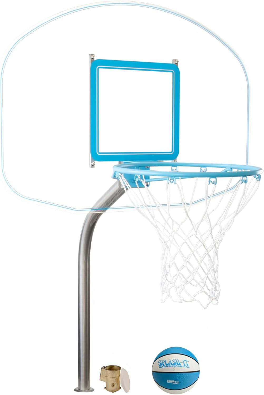 Premium Regulation Clear Hoop Deck-Mounted Pool Basketball Set, Stainless Steel Post, Clear Thick Acrylic Backboard and Stainless Steel Rim and Basketball with Mounting Anchor