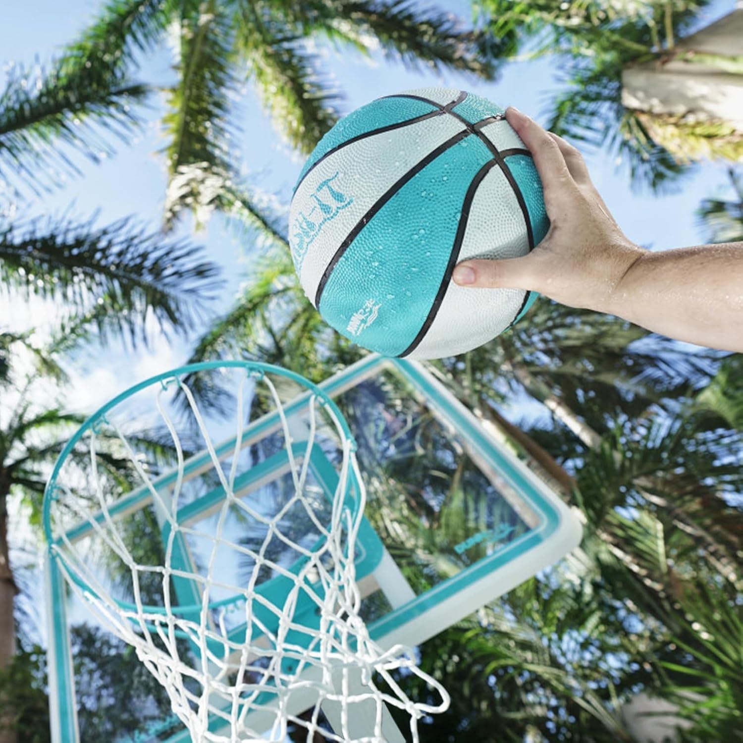 Dunn-Rite Splash and Slam Clear Poolside Fillable Base Basketball Hoop W/Ball, Adjustable Height 18 Inch Stainless Steel Rim, Water-Filled to 500Lbs, State-Of-The-Art Clear Backboard