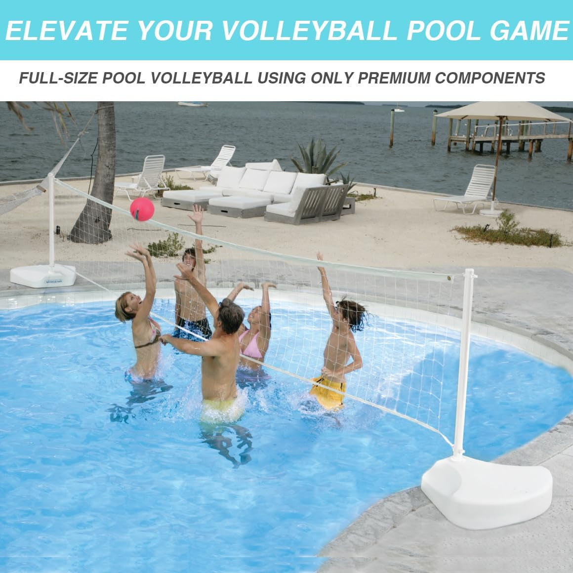 Watervolly Adjustable Pool Volleyball Net, Includes Two 110Lb Water-Filled Bases and Red White & Blue Volleyball, Choose White or Stainless Steel