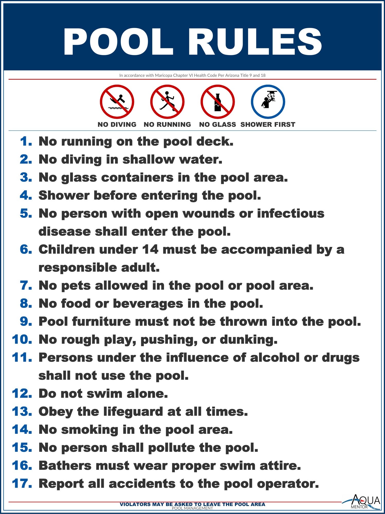 Arizona Pool Rules With Graphic Sign - 18 x 24 Inches