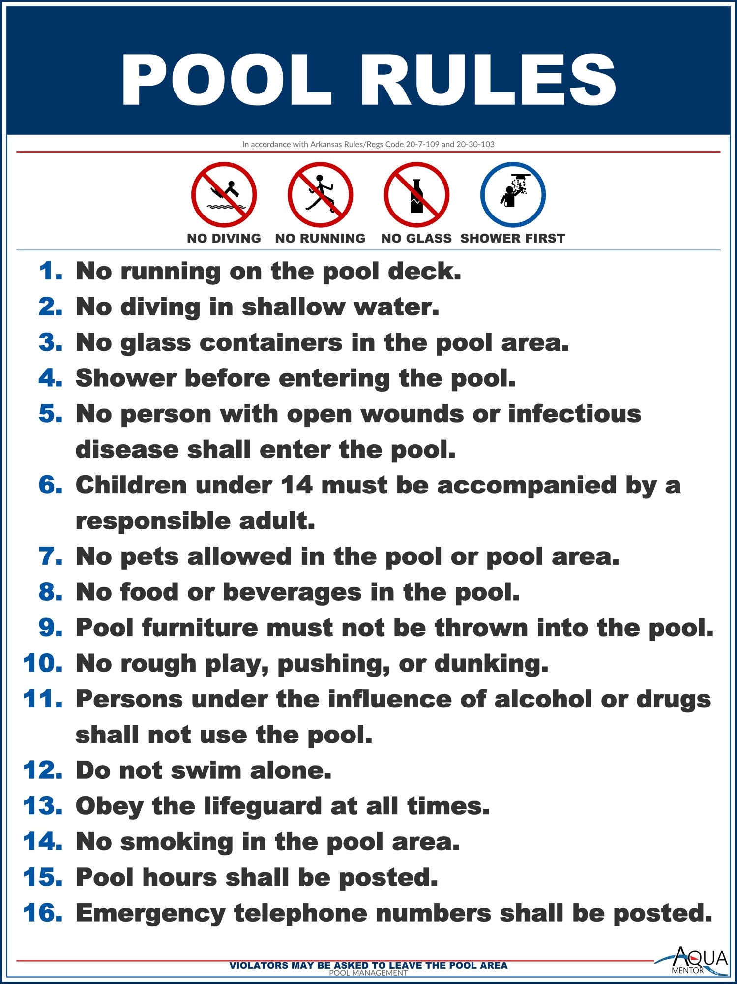 Arkansas Pool Rules With Graphic Sign - 18 x 24 Inches