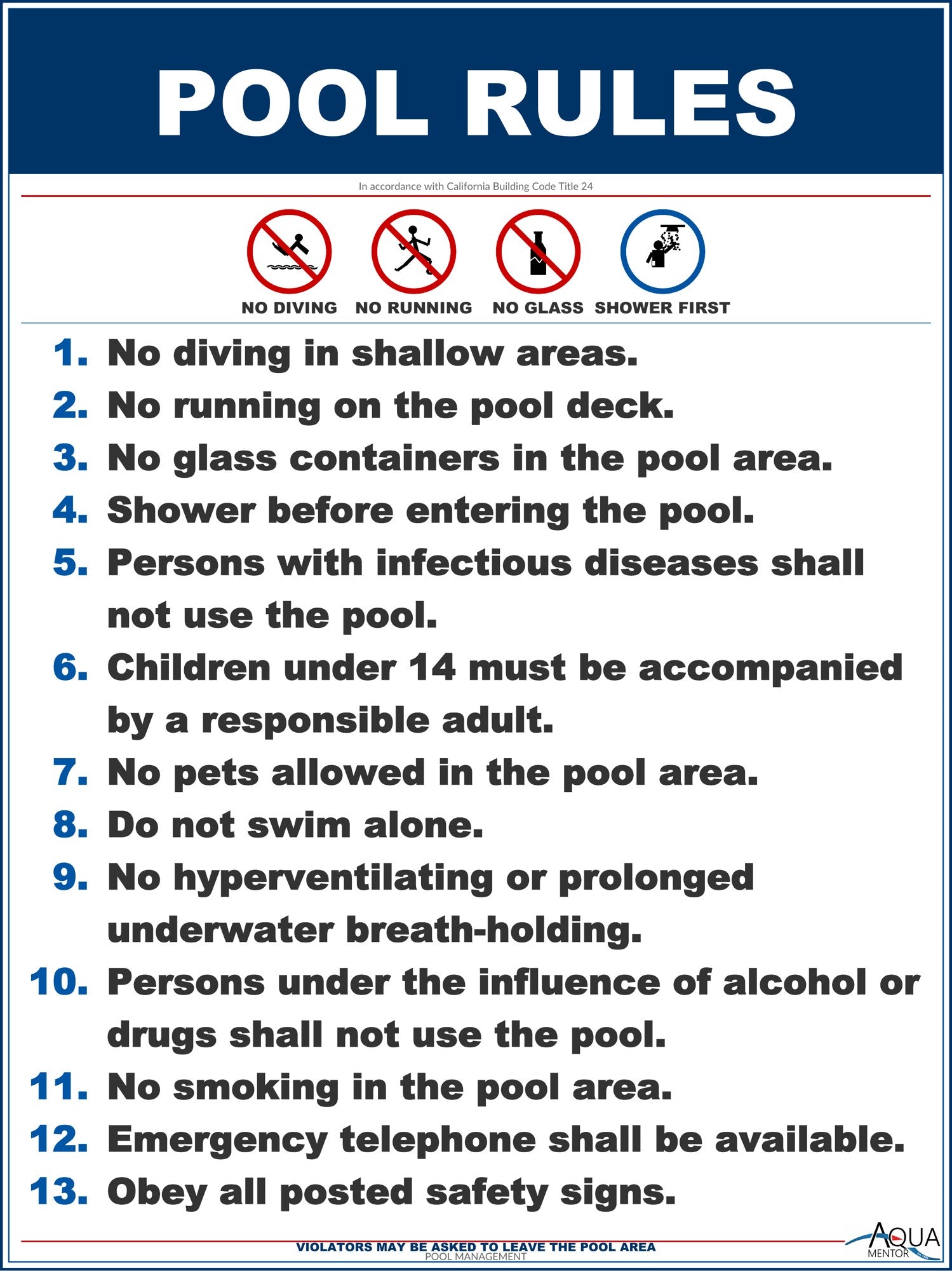 California Pool Rules With Graphic Sign - 18 x 24 Inches