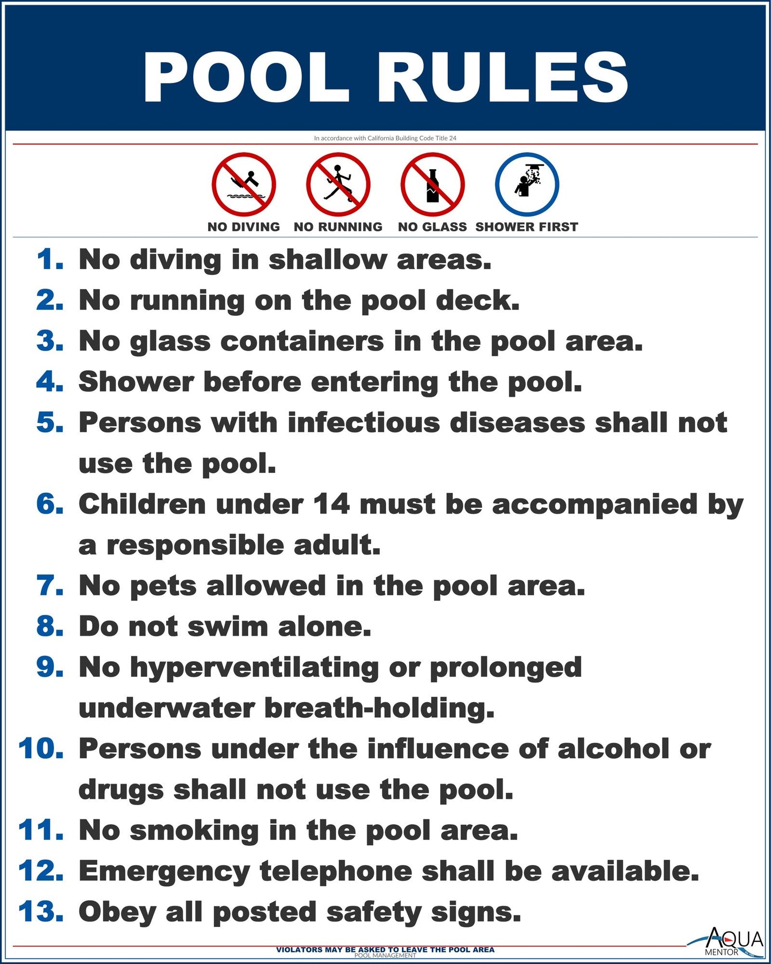 California Pool Rules With Graphic Sign - 24 x 30 Inches