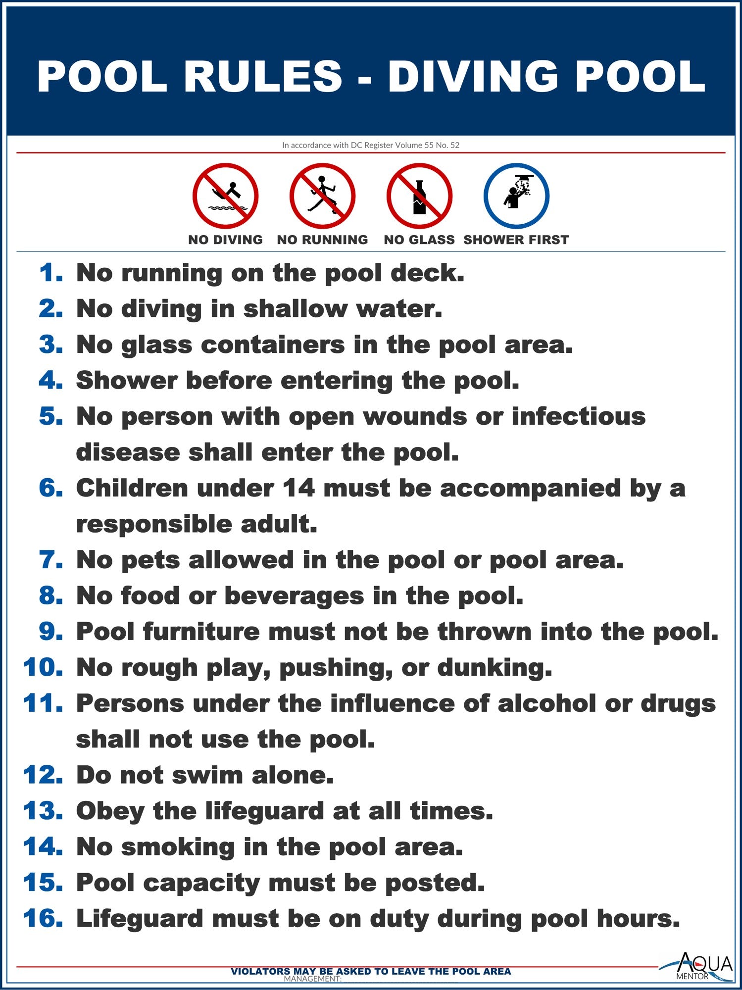 District of Columbia Pool Rules for Diving Pools Sign Customize or Leave Blank - 18 x 24 Inches