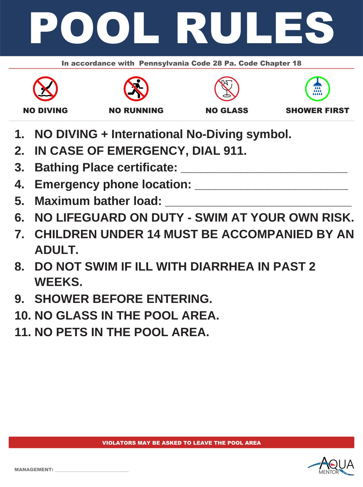 Pennsylvania Pool Rules Sign