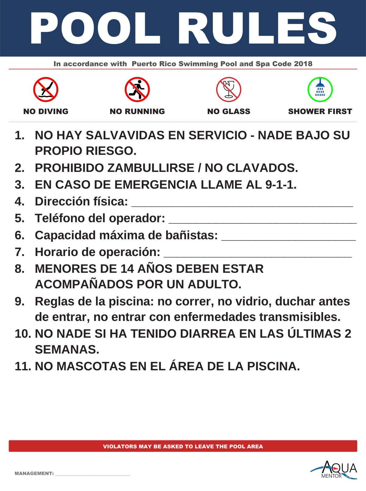Puerto Rico Pool Rules Sign