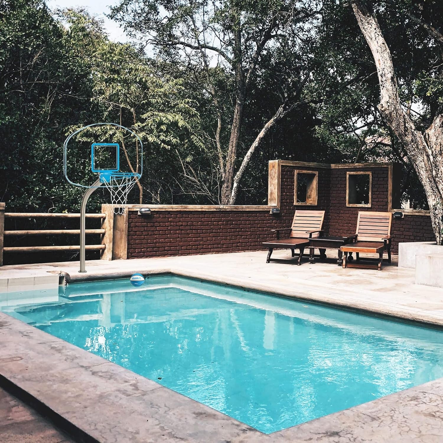 Dunn-Rite Clear Hoop Jr. 1.90 Poolside Deck-Mounted Basketball Hoop W/Ball & 14 Inch Stainless Steel Rim