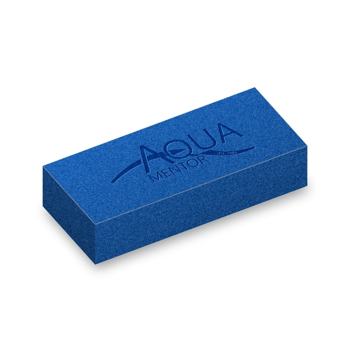 Blue Aquamentor foam training block, 7 by 3 by 1.5 inches, with debossed Aquamentor logo on the top face