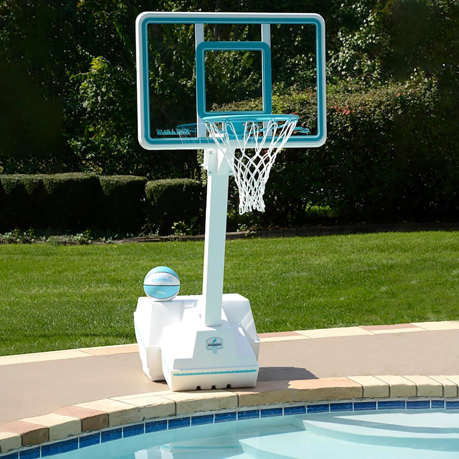 Dunn-Rite Splash and Slam Clear Poolside Fillable Base Basketball Hoop W/Ball, Adjustable Height 18 Inch Stainless Steel Rim, Water-Filled to 500Lbs, State-Of-The-Art Clear Backboard