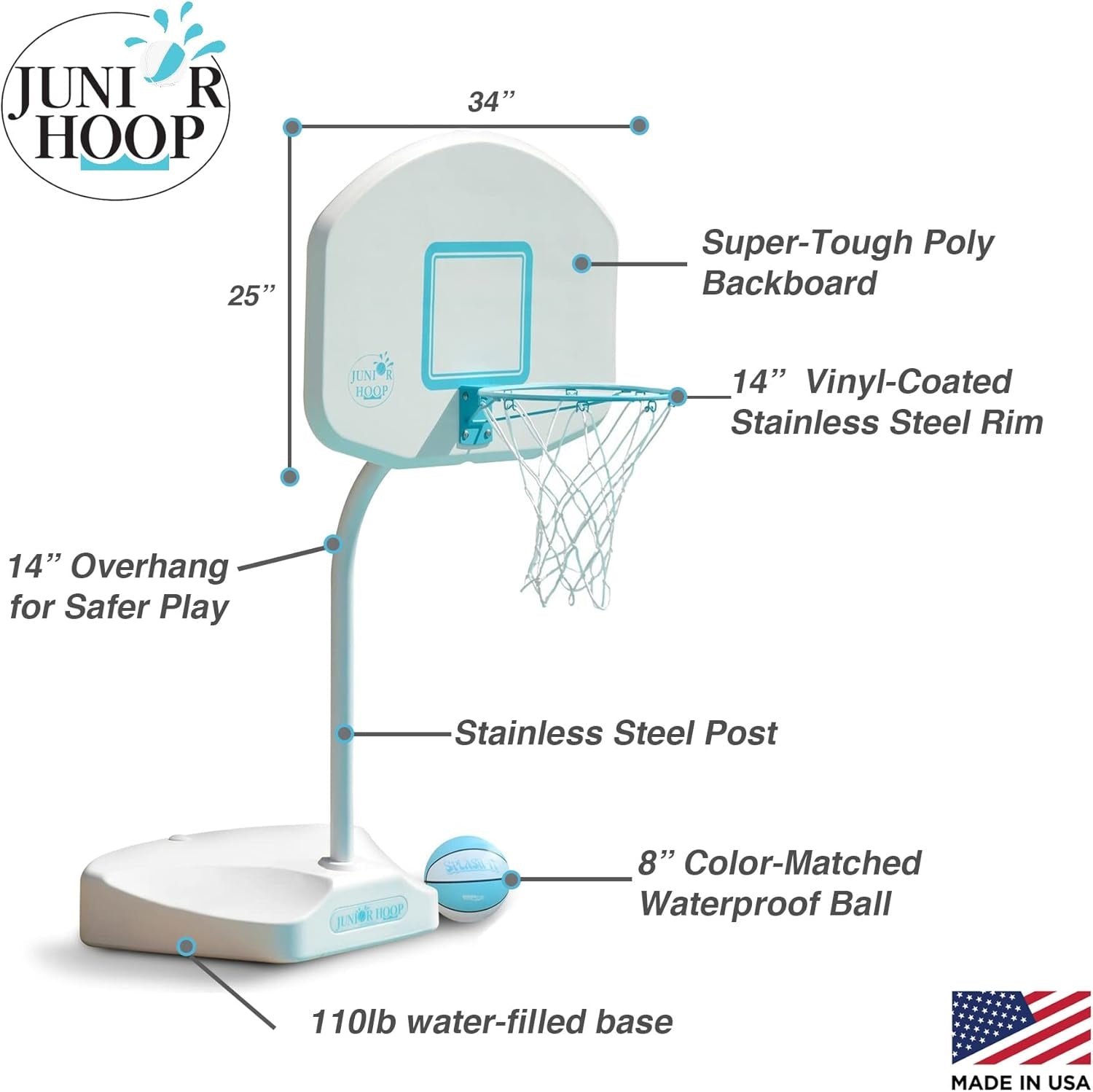 Dunn-Rite Junior Hoop Poolside Fillable Base Basketball Hoop W/Ball, Base, & 14 Inch Stainless Steel Rim, White
