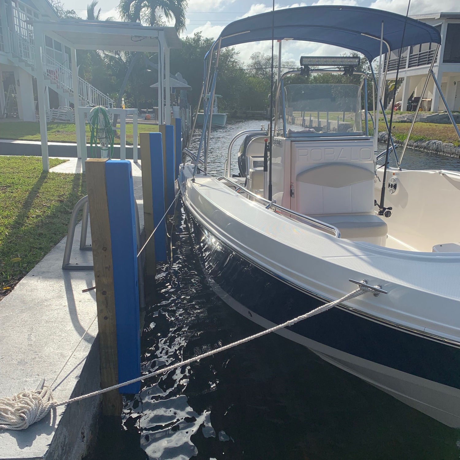 Custom-printed Aquamentor Marine Dock Bumper on marina dock