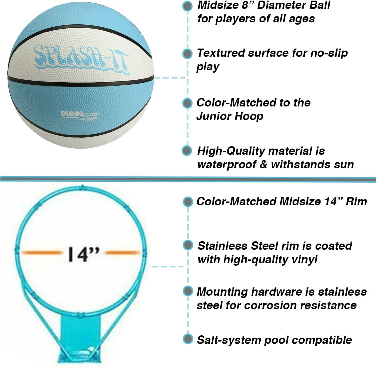 Dunn-Rite Junior Hoop Poolside Fillable Base Basketball Hoop W/Ball, Base, & 14 Inch Stainless Steel Rim, White