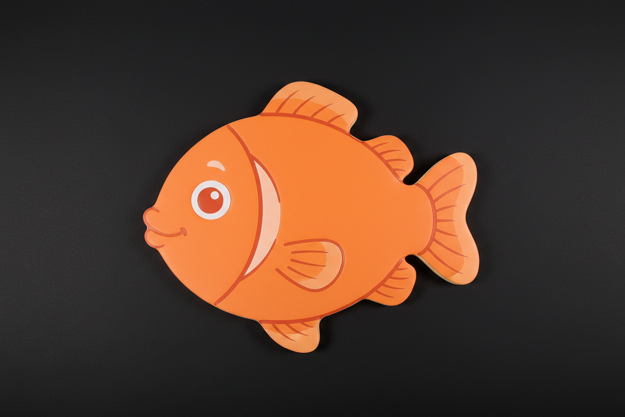 Orange sunfish-shaped foam floating mat on dark background, product photo, flat lay, vibrant orange color, polyethylene foam swim training mat shaped like a cute cartoon sunfish, same style as existing red yellow and blue versions