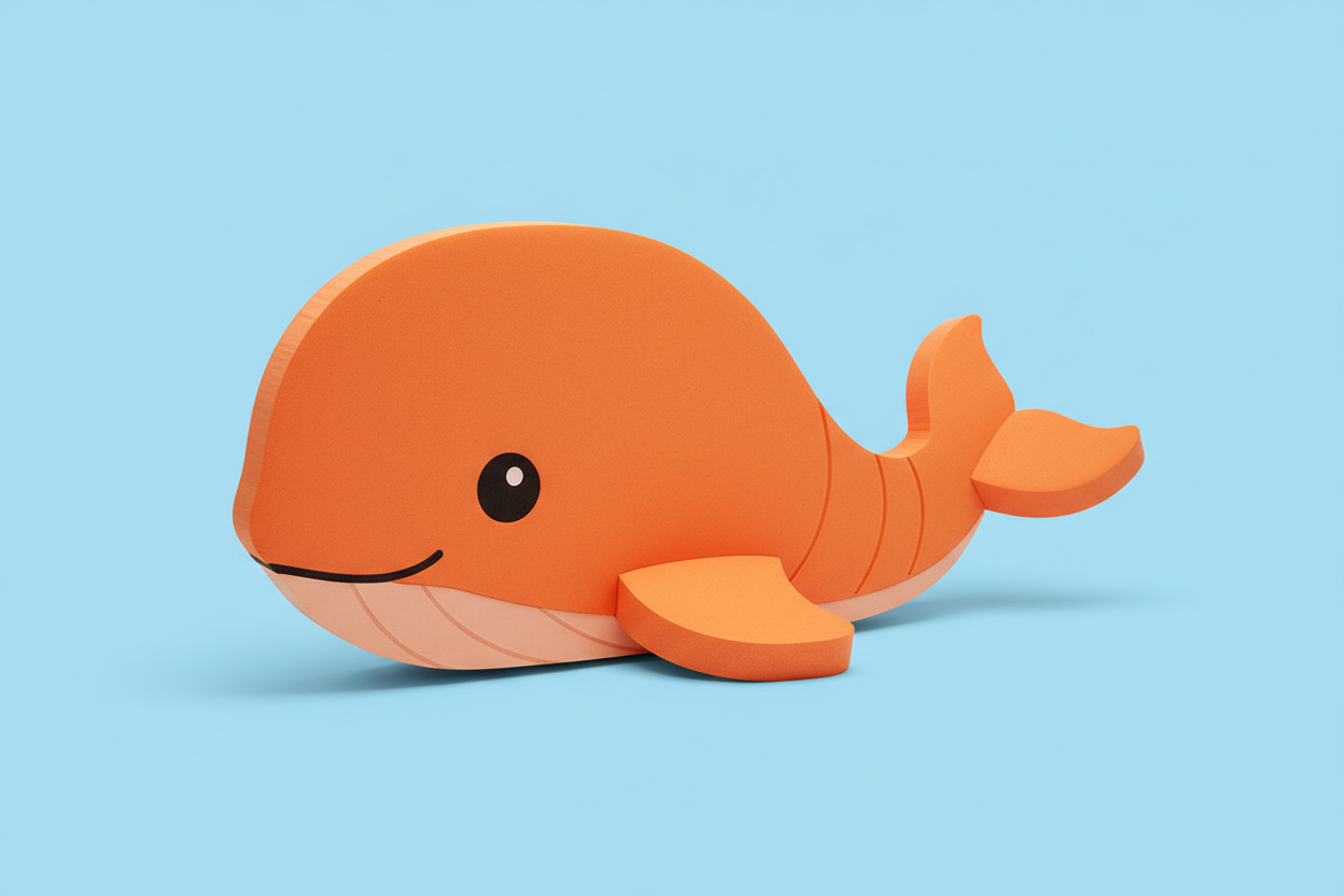 Orange whale-shaped foam floating mat on light blue background, product photo, cute cartoon whale, vibrant orange color, polyethylene foam swim training mat