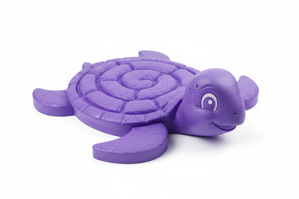Purple turtle-shaped foam floating mat, product photo, vibrant purple color, polyethylene foam swim training mat shaped like a cute cartoon turtle