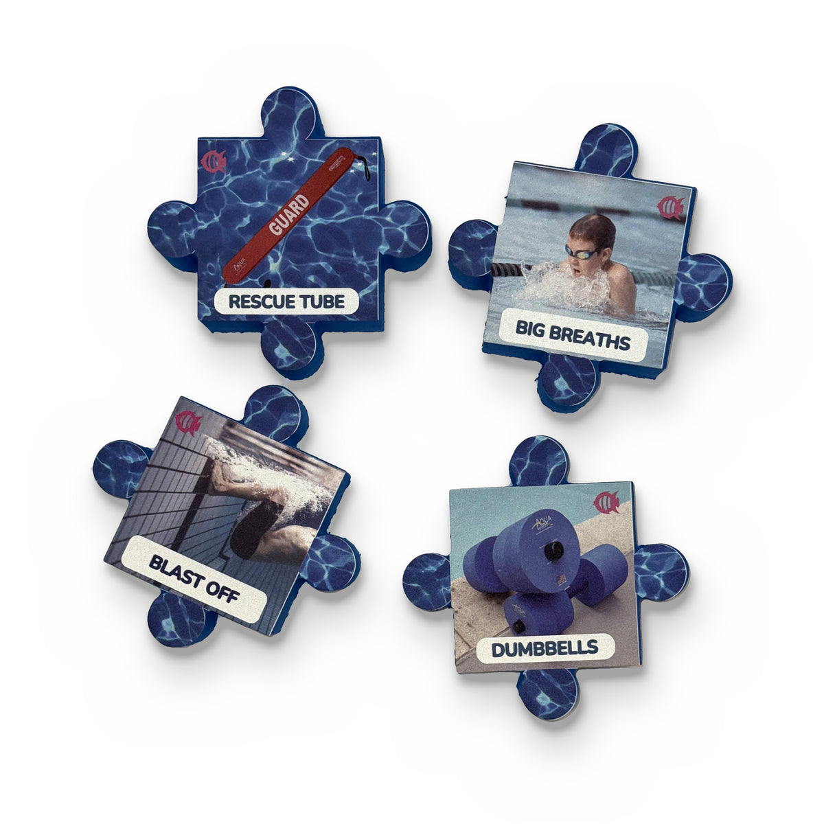 Swim Angelfish puzzle pieces: rescue tube, big breaths, blast off, dumbbells