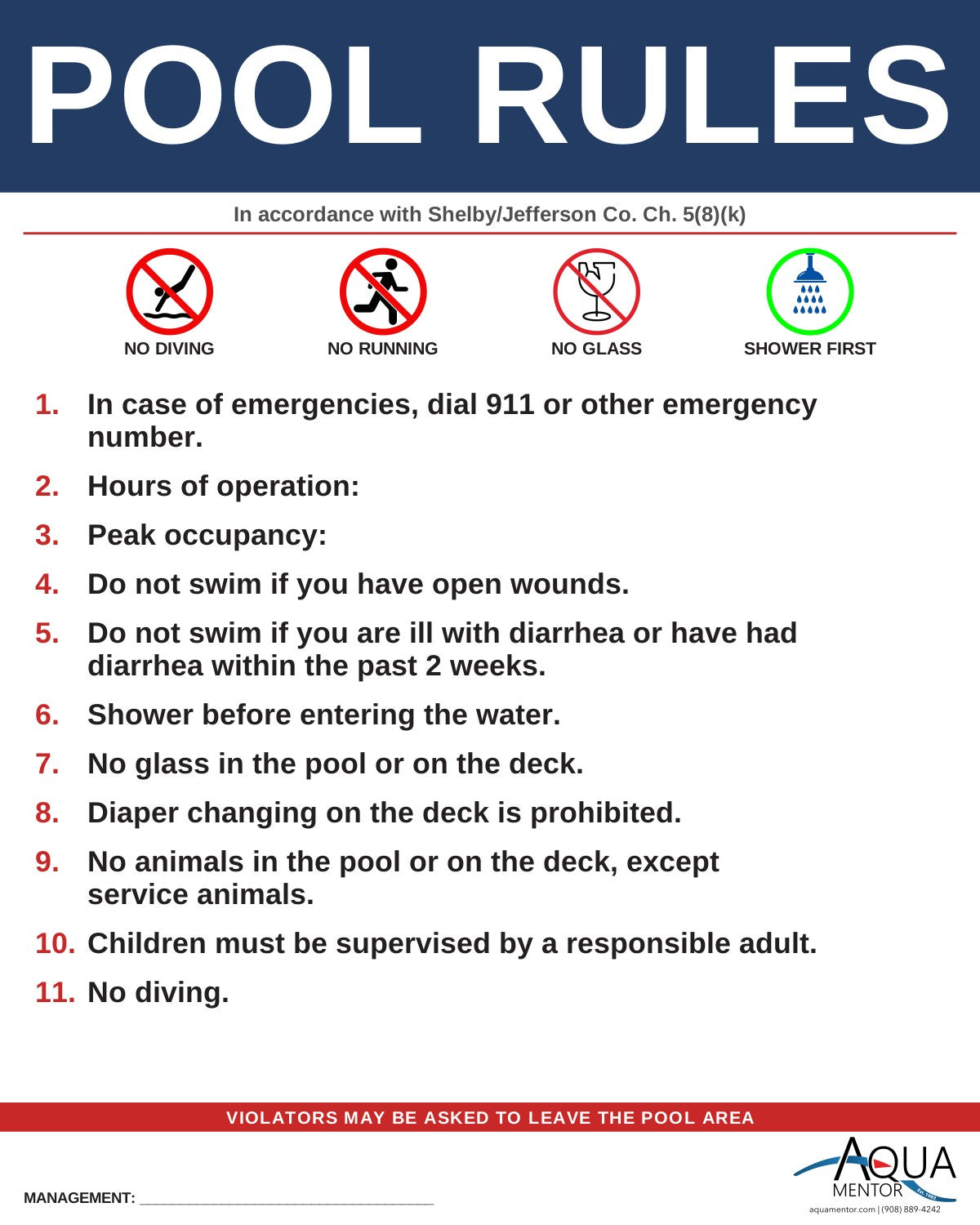 ALABAMA Pool Rules Sign - NO statewide pool code; Alabama delegates entirely to county health departments. Defensible baseline = Shelby County Health...