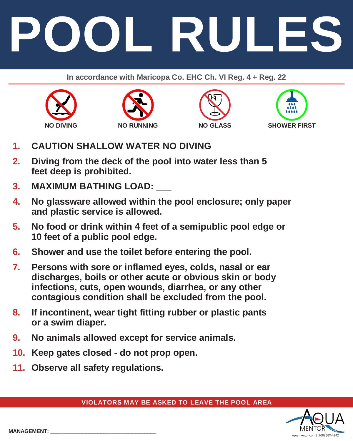 ARIZONA Pool Rules Sign - Maricopa Co. EH Code Ch. VI Sec. 1 Reg. 4 (Instructions) + Sec. 3 Reg. 22 (Signs); A.A.C. R9-8-806