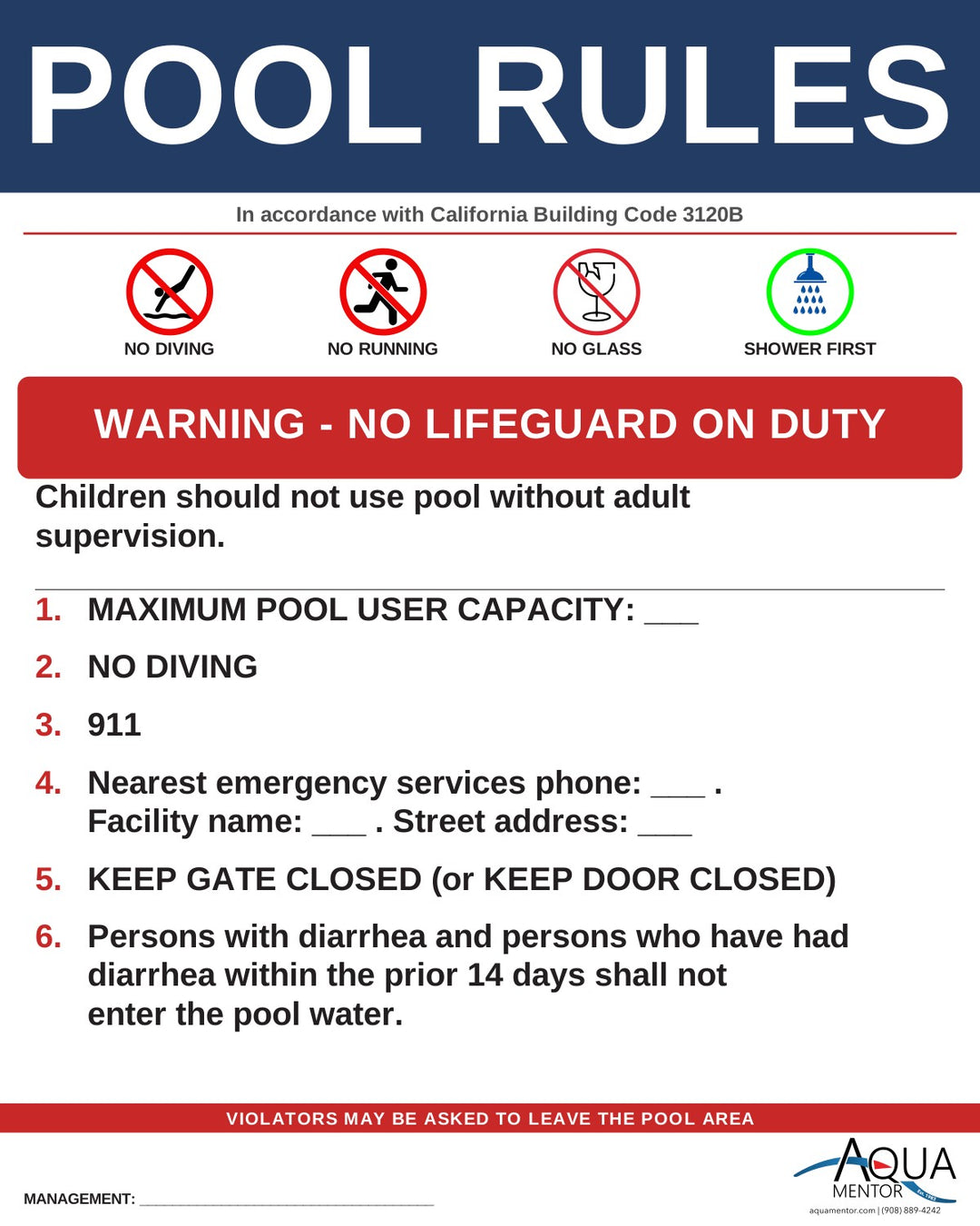 California Pool Rules Sign – Aquamentor