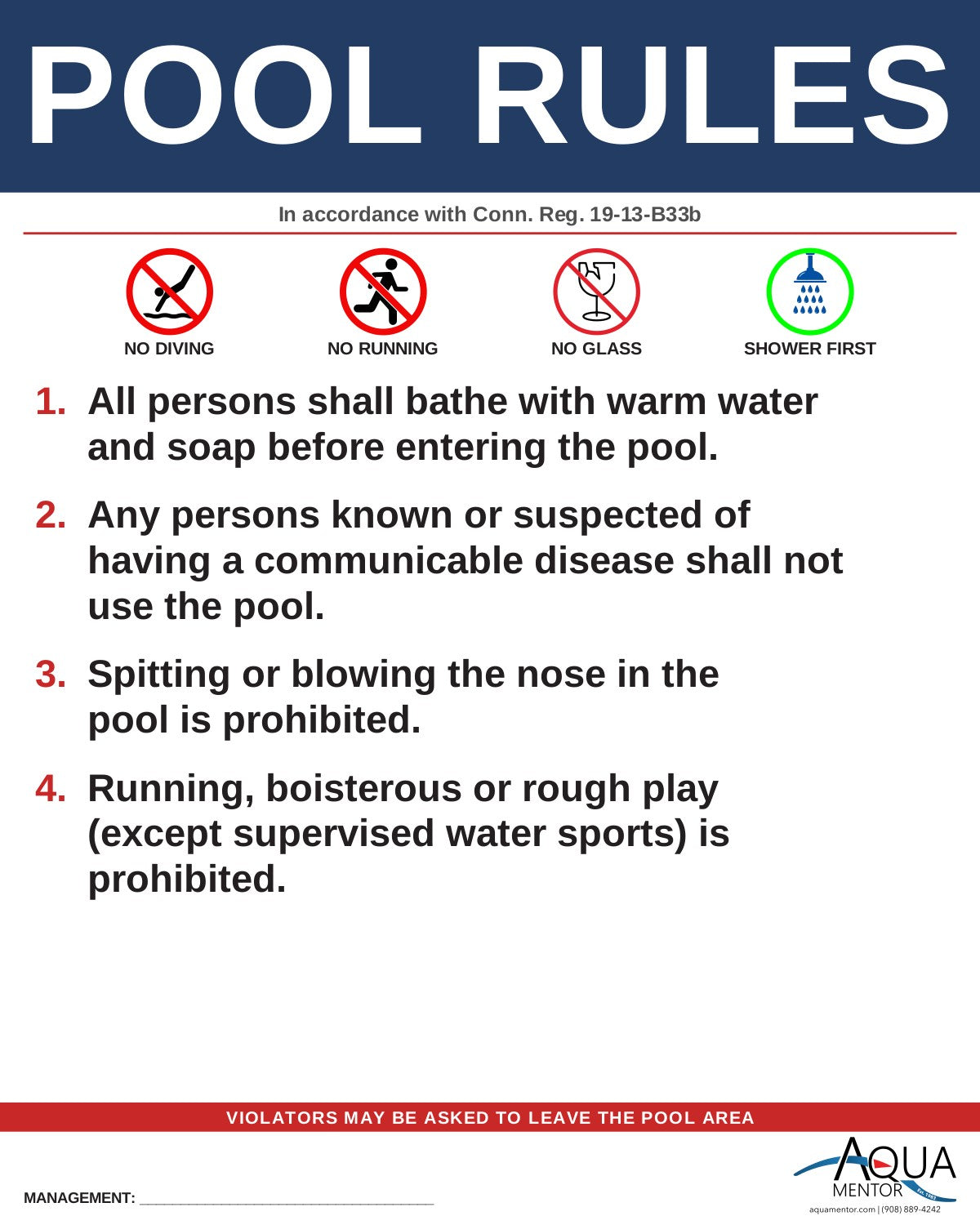 CONNECTICUT Pool Rules Sign - Conn. Agencies Regs. 19-13-B33b